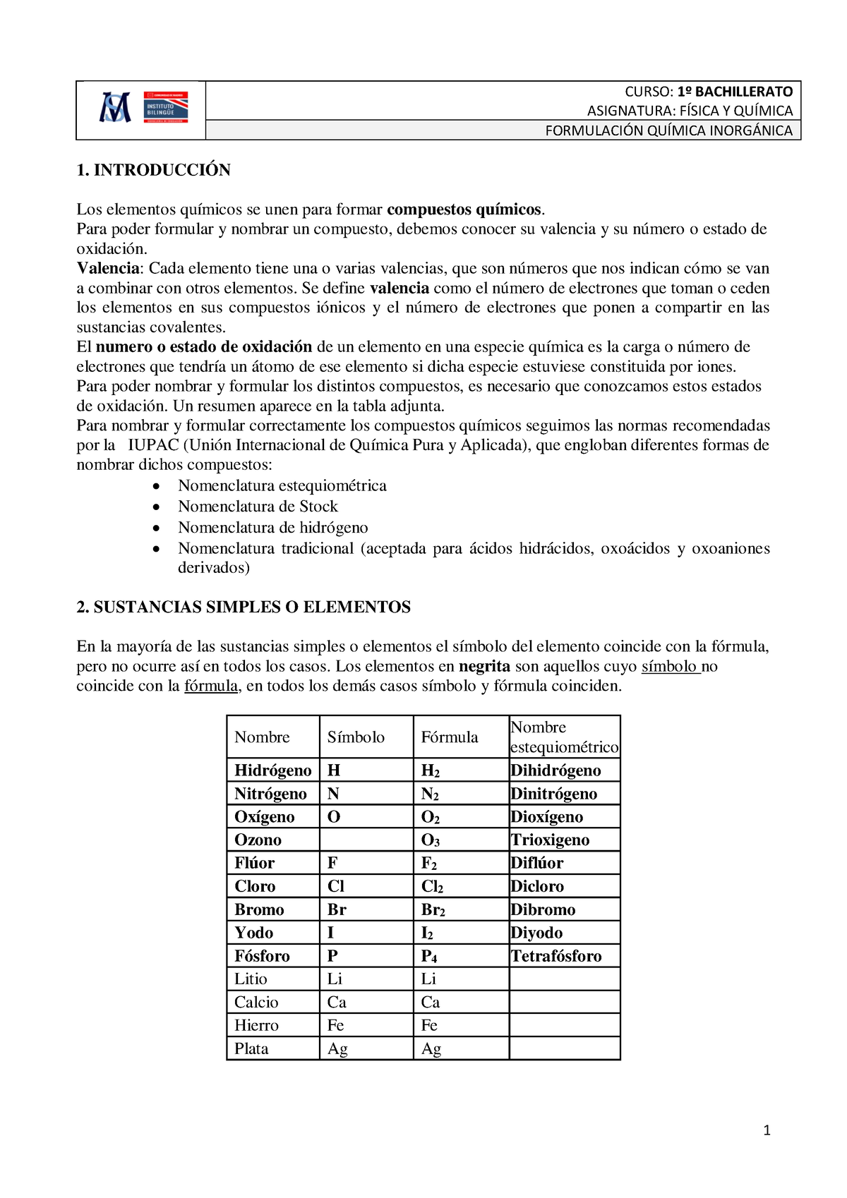 Formulación Química Inorgánica Cuadernillo Completo 1º Bach Revisado Iupac 2005 Curso 1º 0749