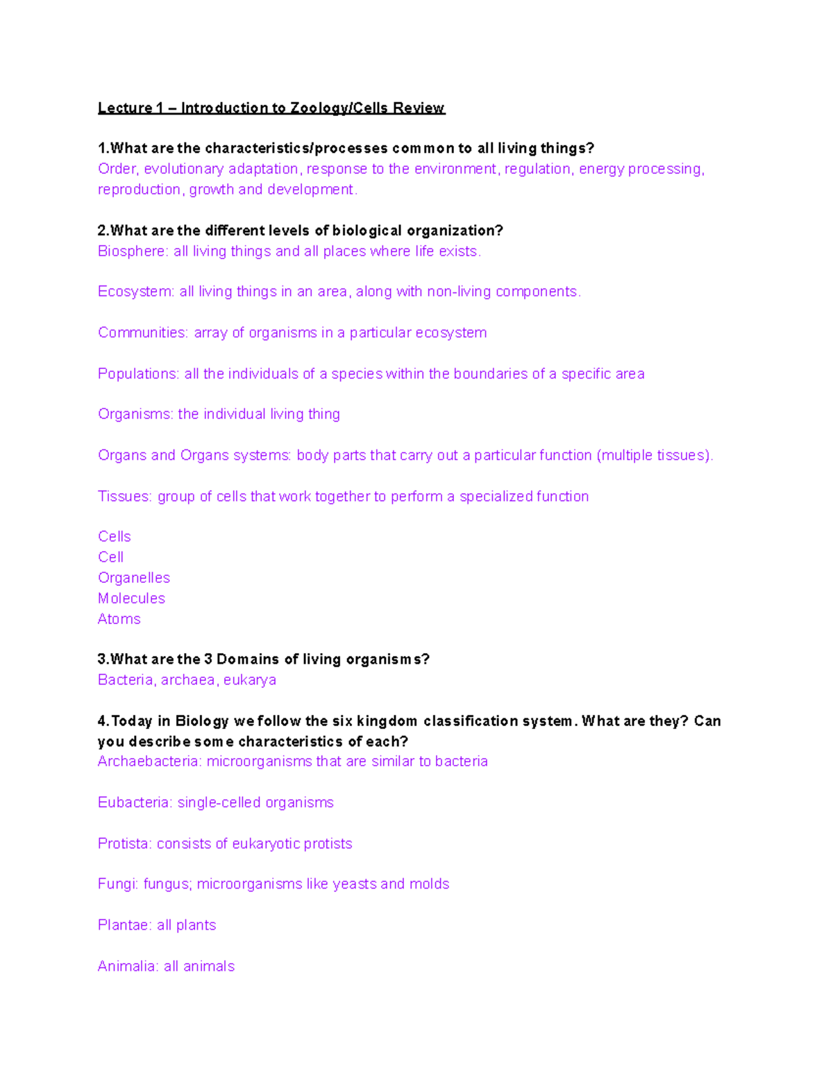 Zoology Study Guide Exam 1 Lecture 1 Introduction to Zoology/Cells