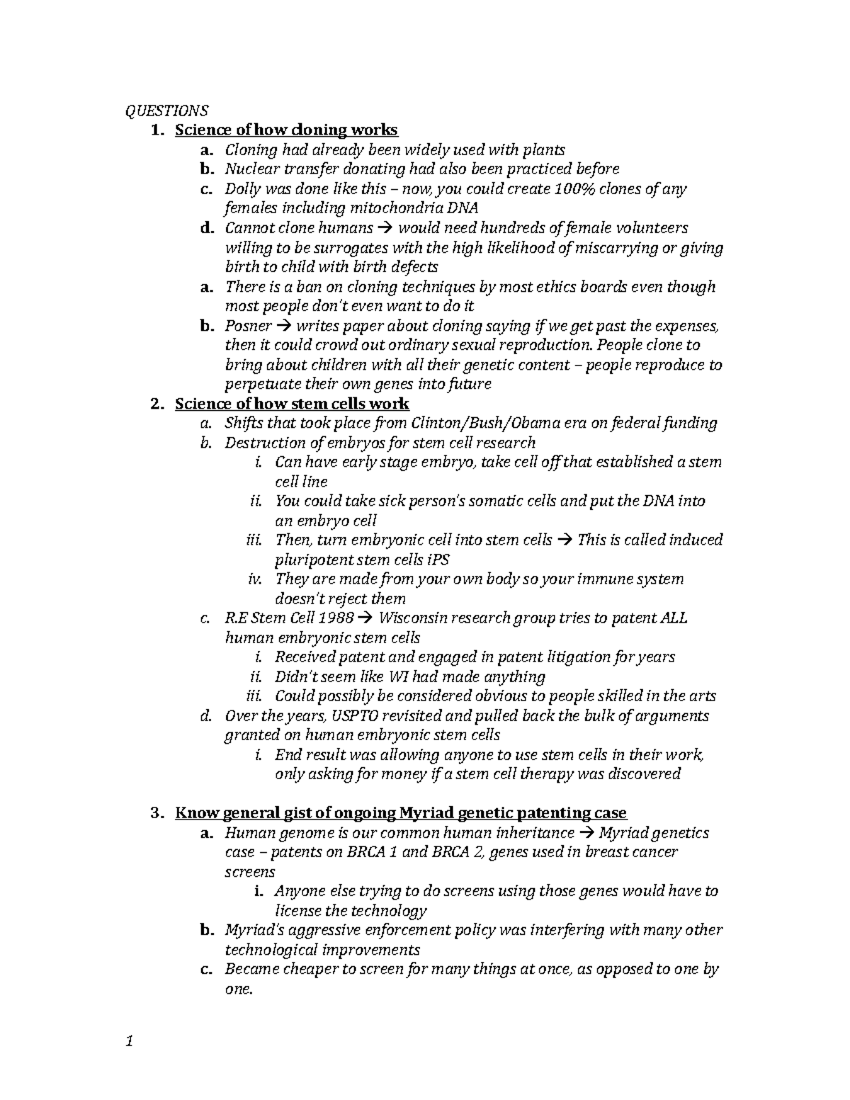 Final Exam Overview QUESTIONS Science of how cloning works a. Cloning