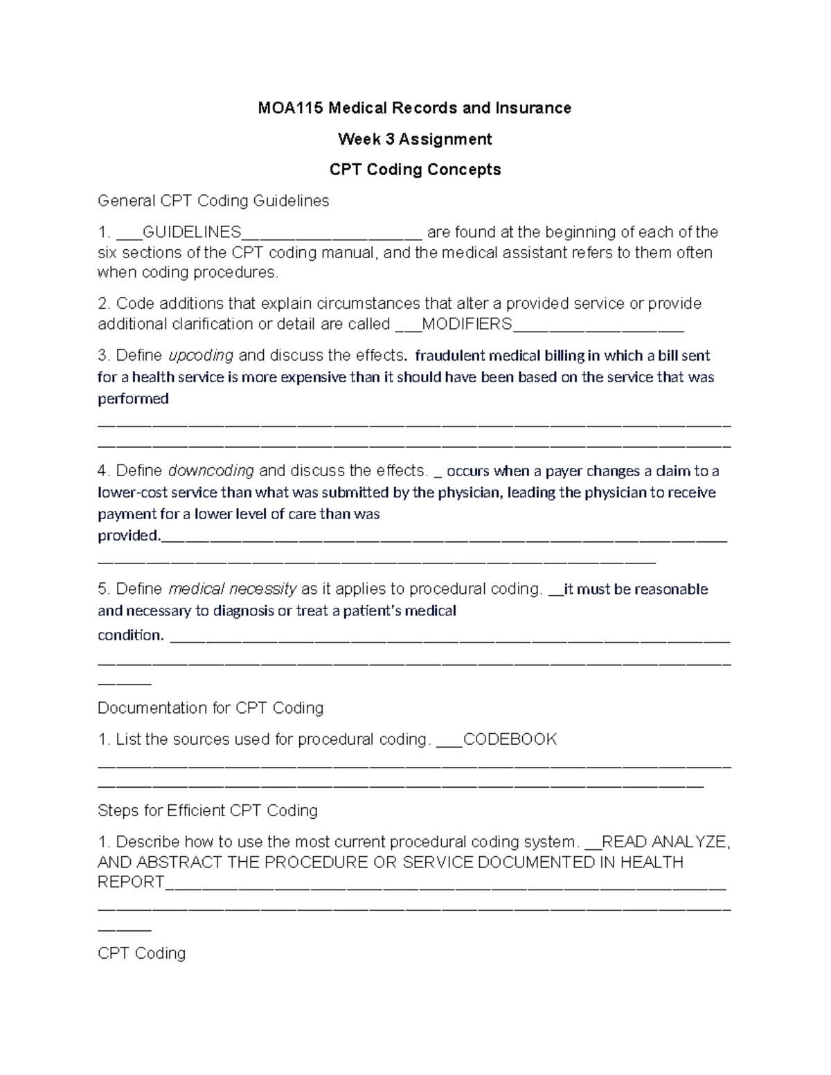 Week 3 Assignment Worksheet - MOA115 Medical Records And Insurance Week ...