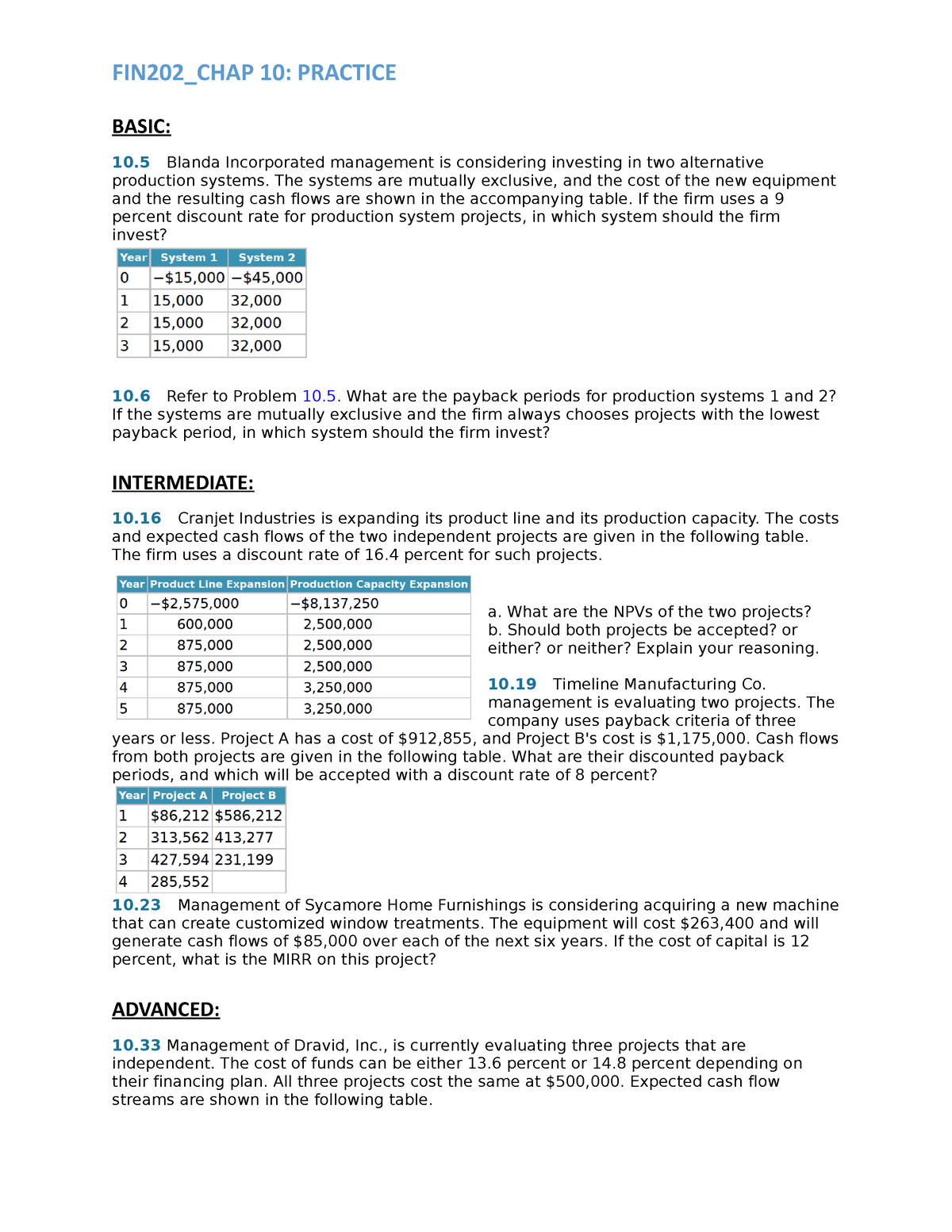 FIN202 Chap 10 Selected Exercises - Corporate Finance - FPT - Studocu