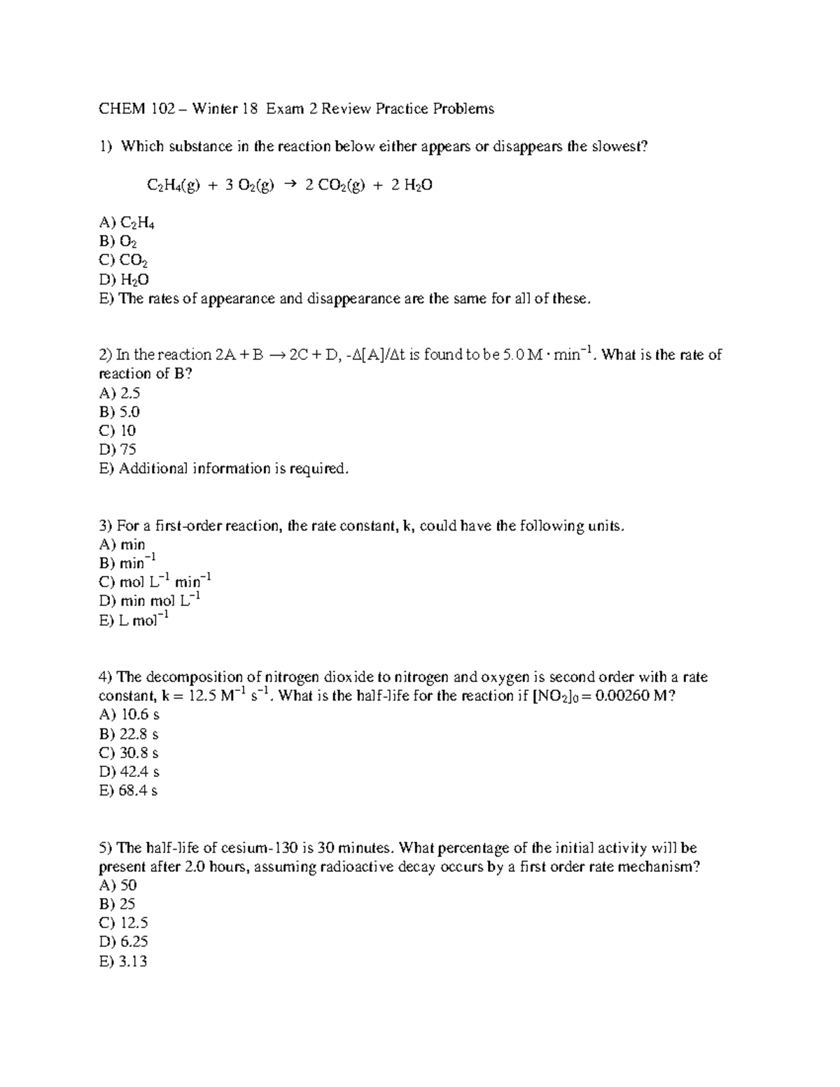 W18 Exam 2 review questions - CHEM 102 – Winter 18 Exam 2 Review ...