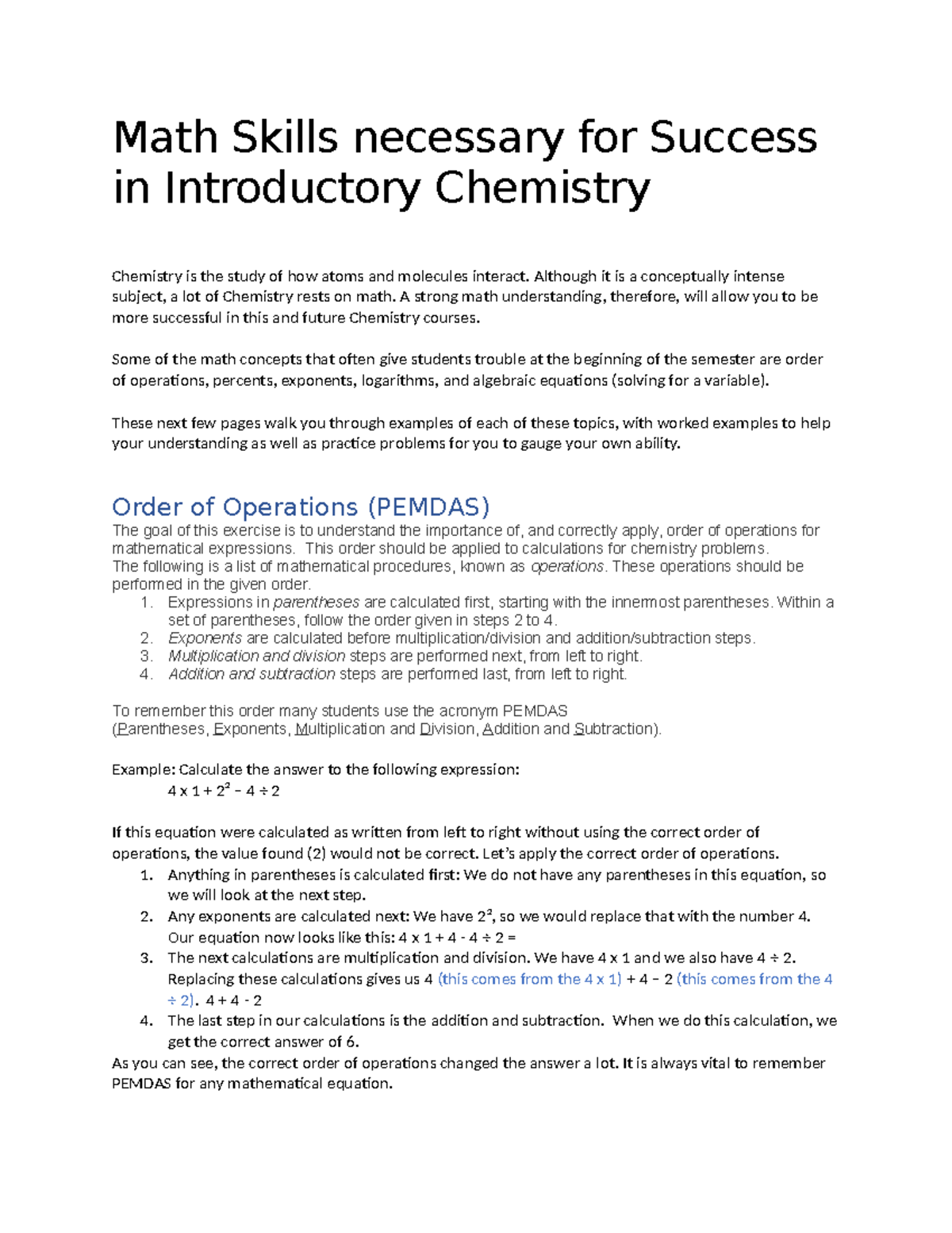 Math Skills necessary for Success in Introductory Chemistry Math