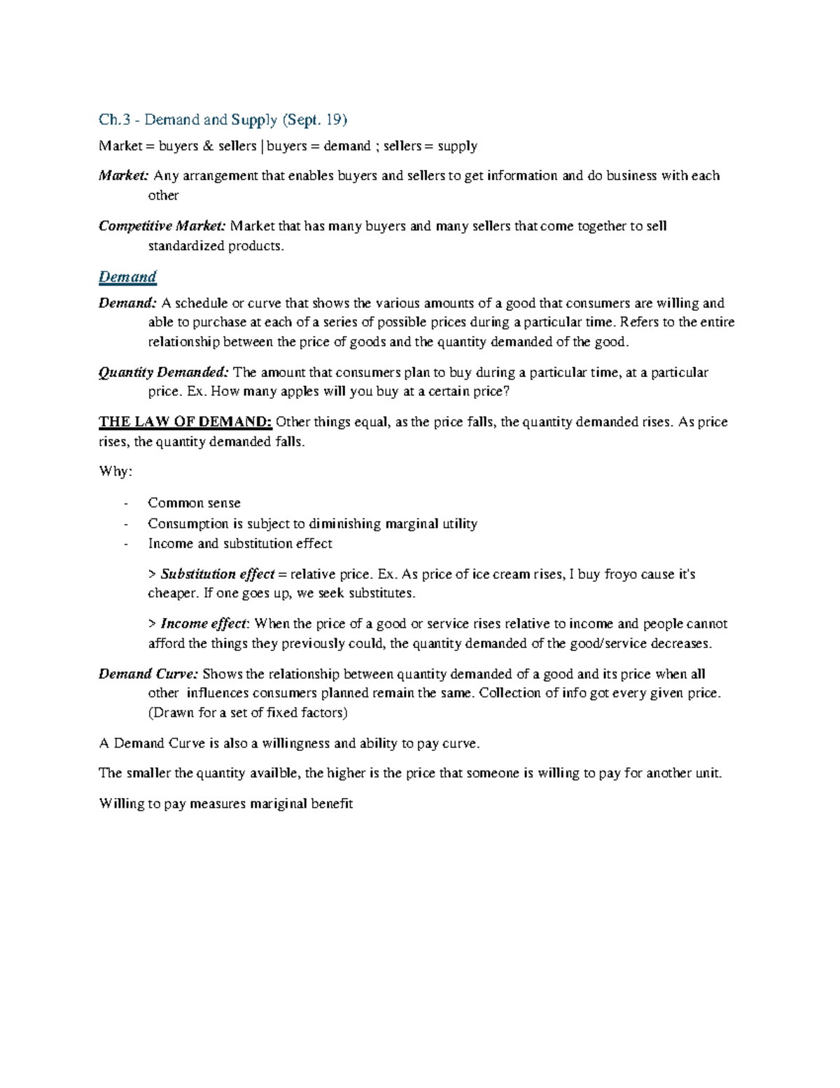ECON 103 - chapter 3 notes - Ch - Demand and Supply (Sept. 19) Market ...