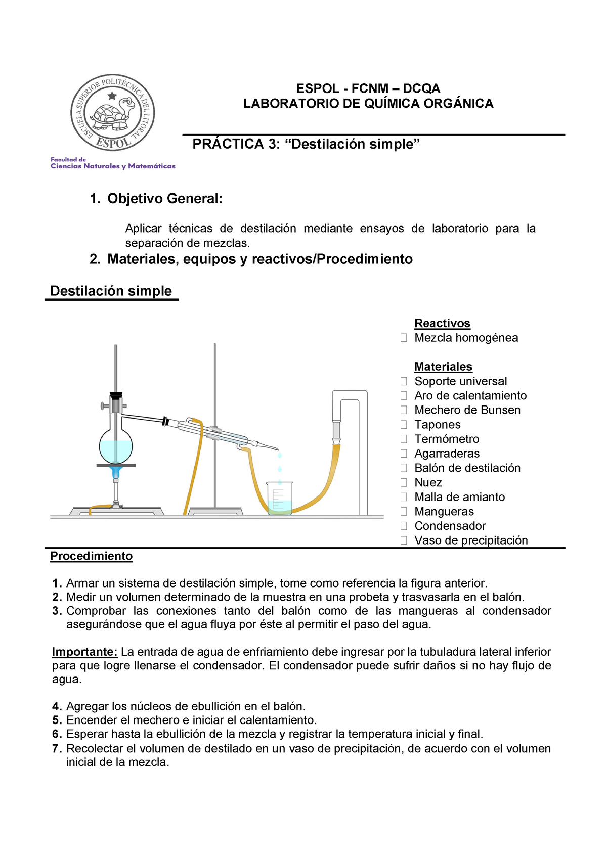 LQO(I) P3. Destilación Simple - ESPOL - FCNM – DCQA LABORATORIO DE ...