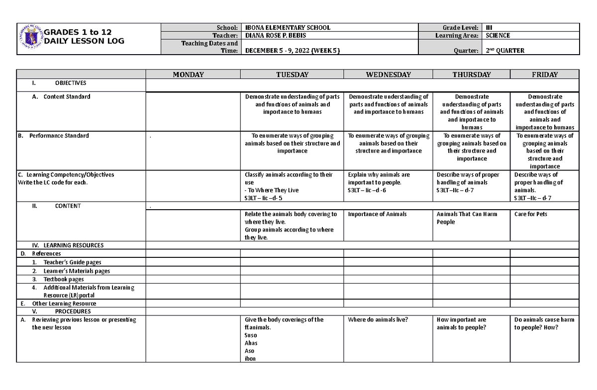 DLL Science 3 Q2 W5 - PROF. DELA CRUZ - GRADES 1 to 12 DAILY LESSON LOG ...