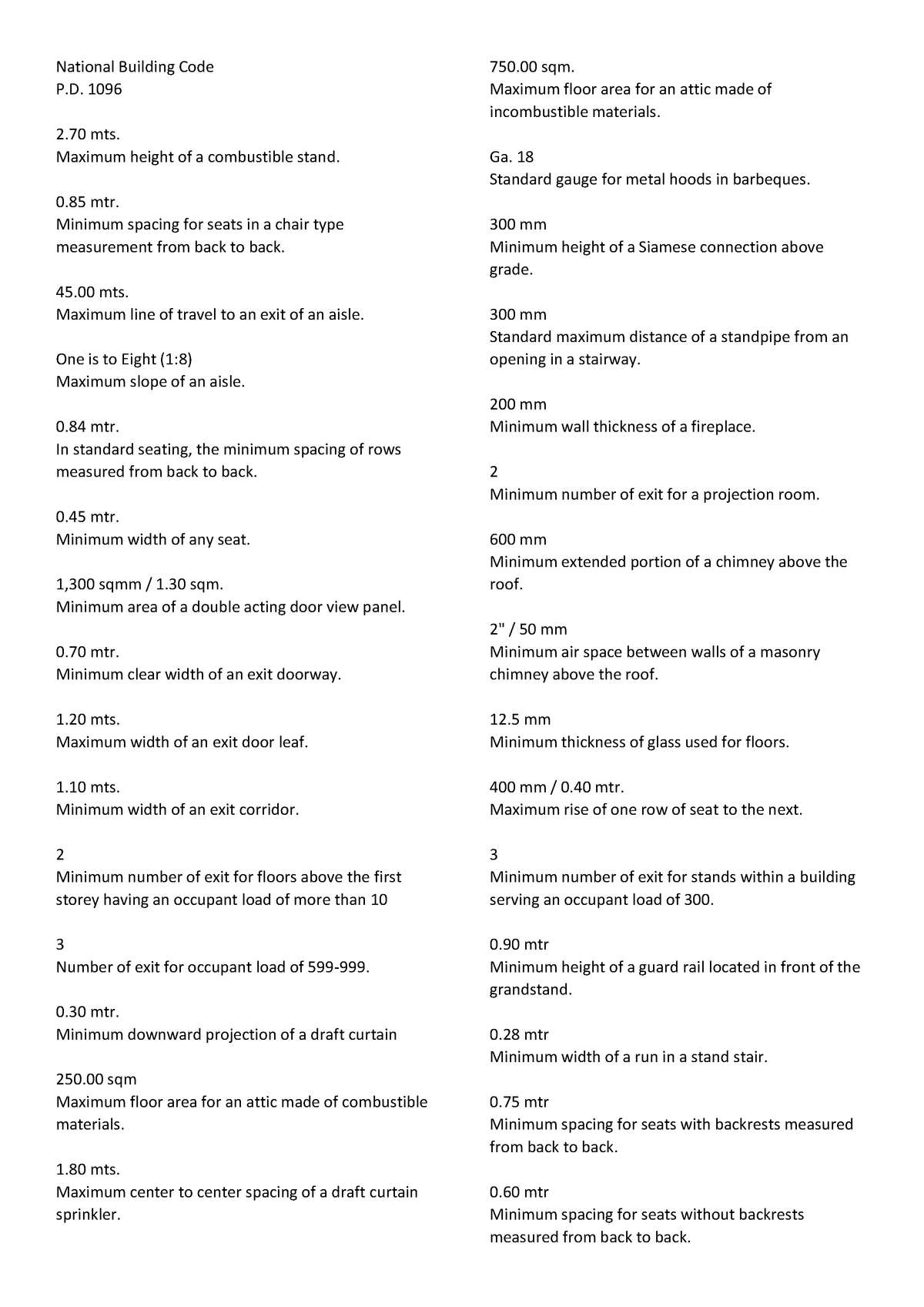 National Building Code Summary National Building Code P 1096 2 Mts 