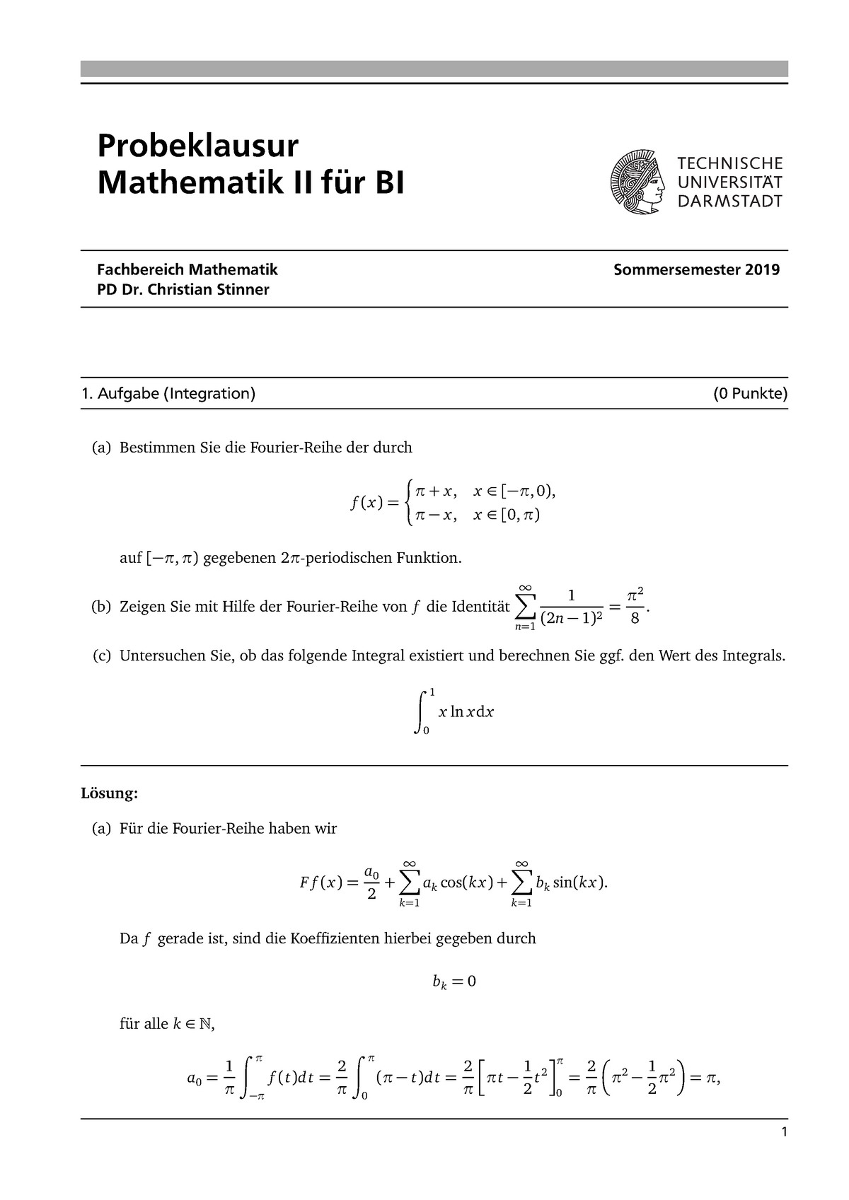 Musterlösung Probeklausur 2019 - Probeklausur Mathematik II Für BI ...