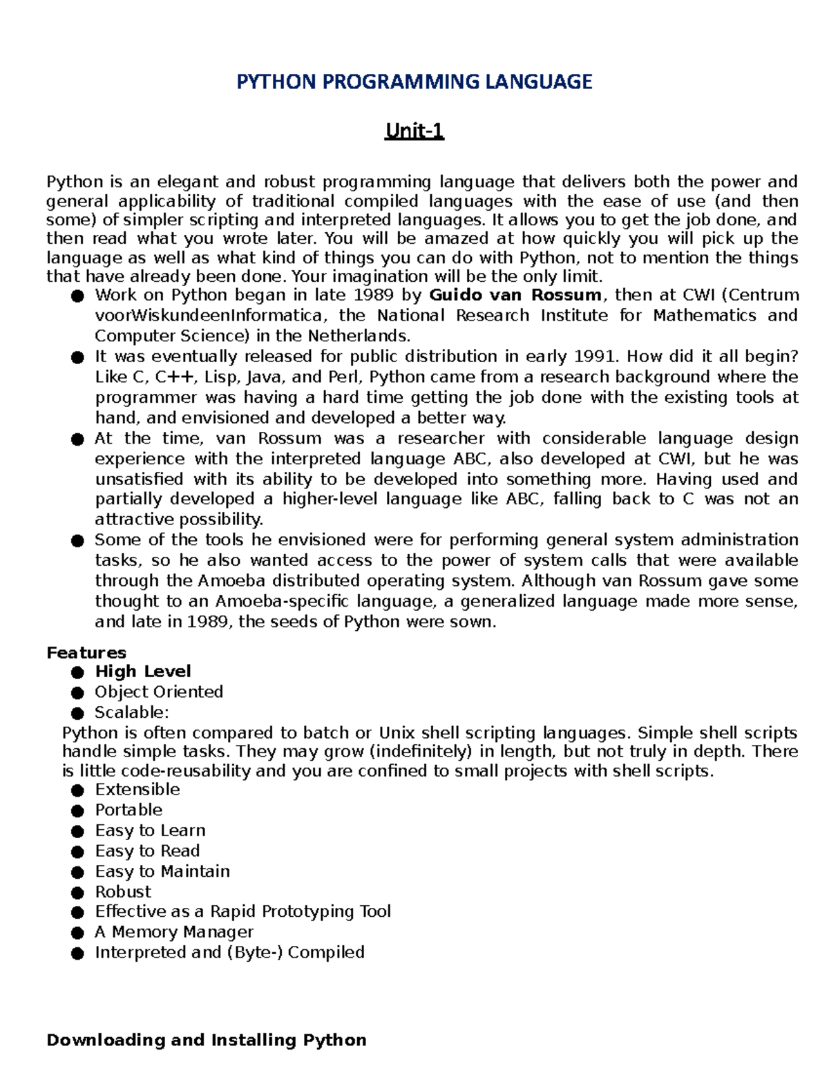 Python Notes Unit1 - PYTHON PROGRAMMING LANGUAGE Unit- Python Is An ...