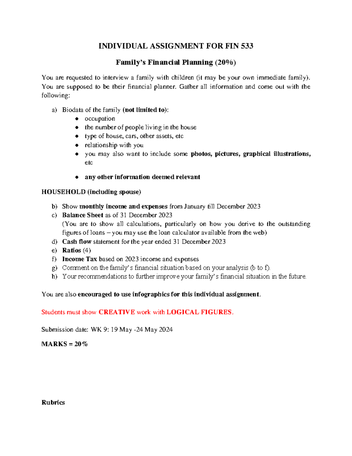 fin533 individual assignment family financial planning