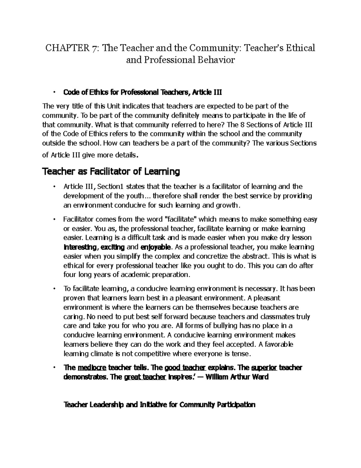 Chapter 7 Teacher's Ethical and Professional Behavior - CHAPTER 7: The ...
