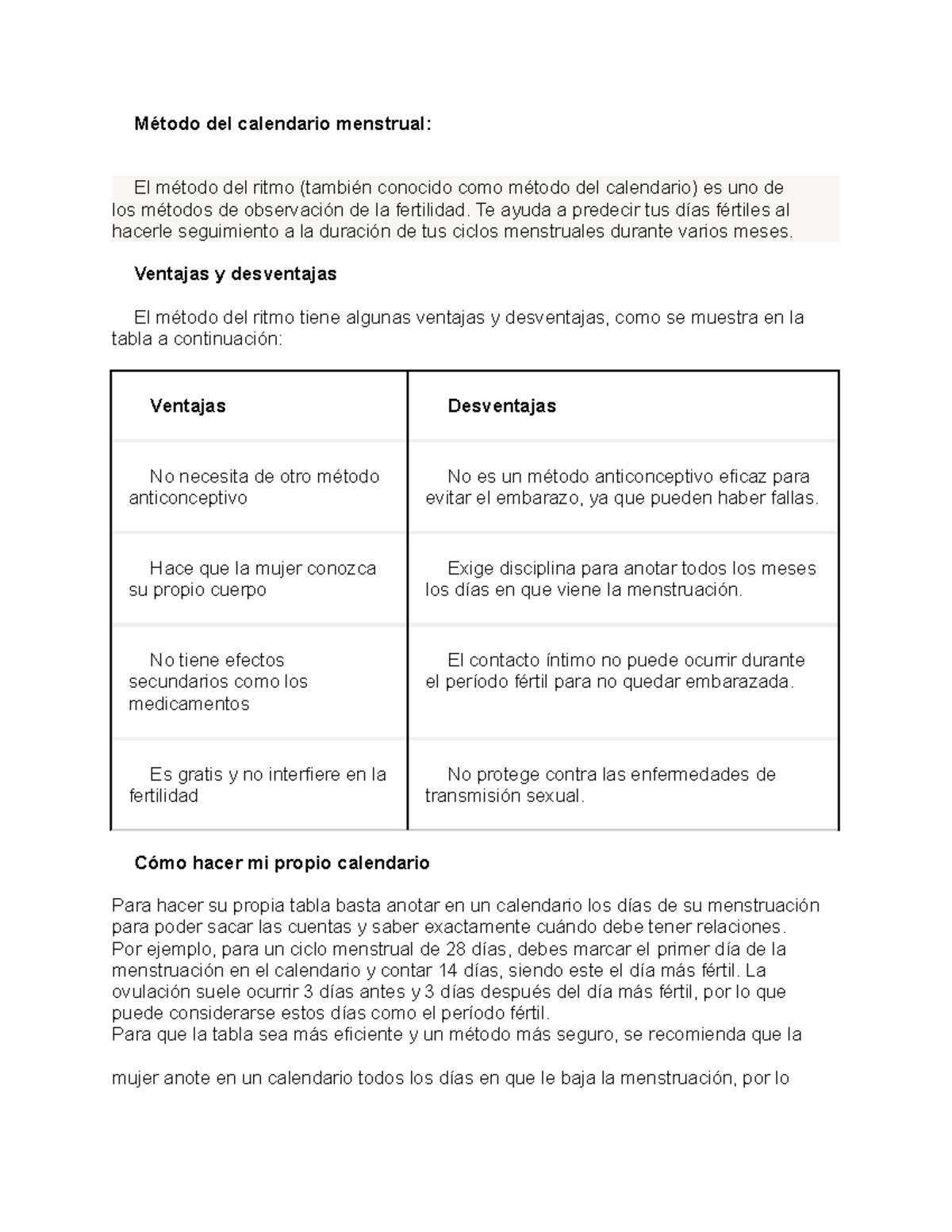 Metodos Anticonceptivos Naturales - Método del calendario menstrual: El ...