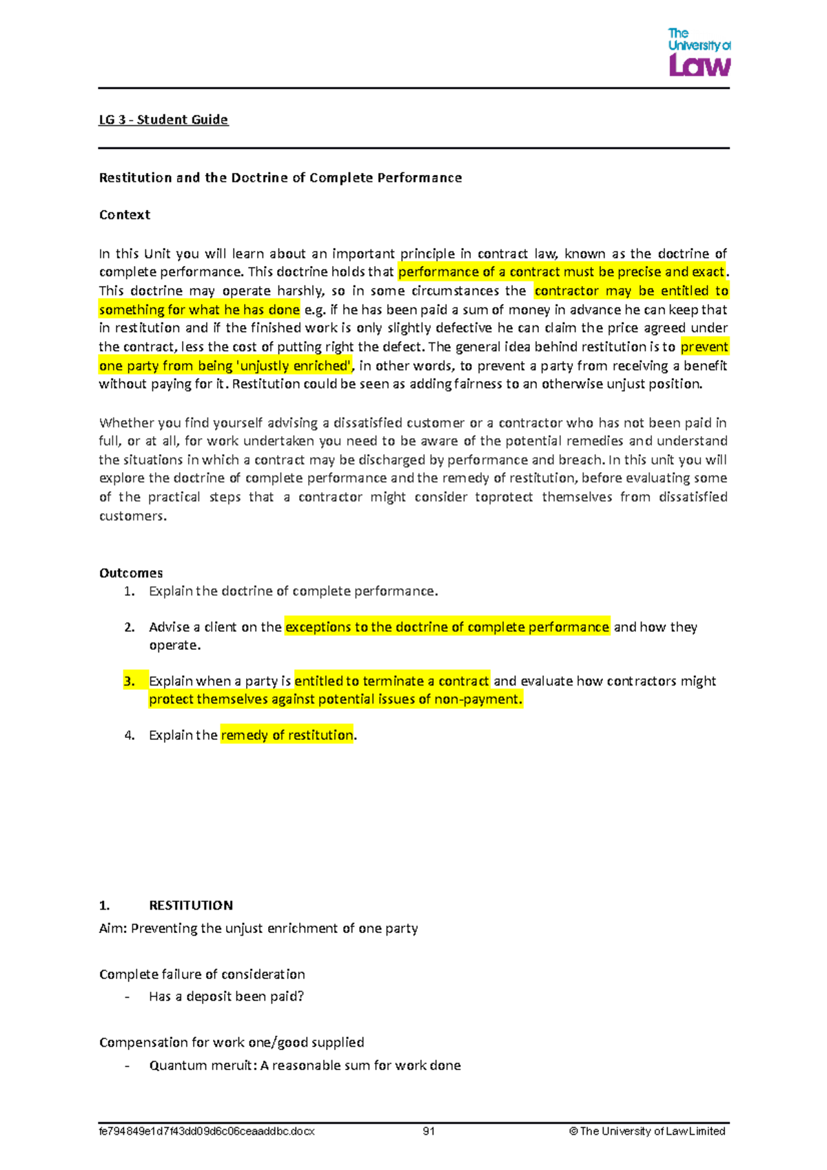 LG 3 - Student Guide - Unit 3 - Restitution and the Doctrine of ...