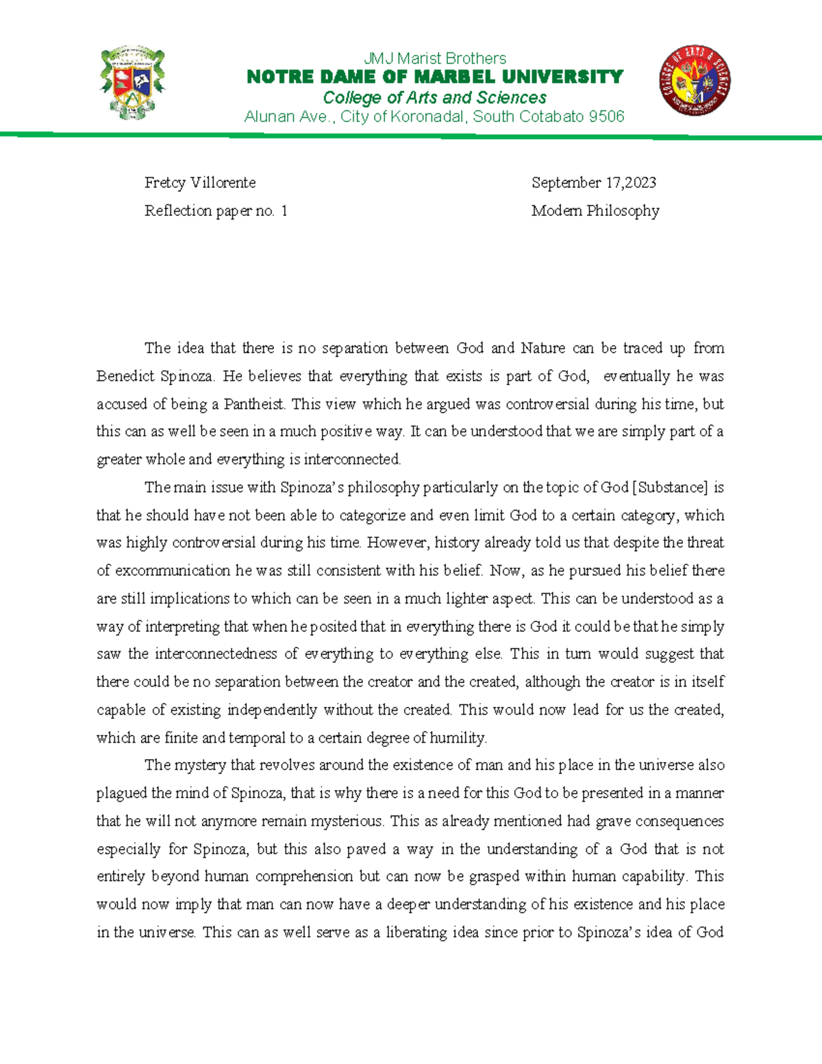 Reflection paper no. 1 - JMJ Marist Brothers NOTRE DAME OF MARBEL ...
