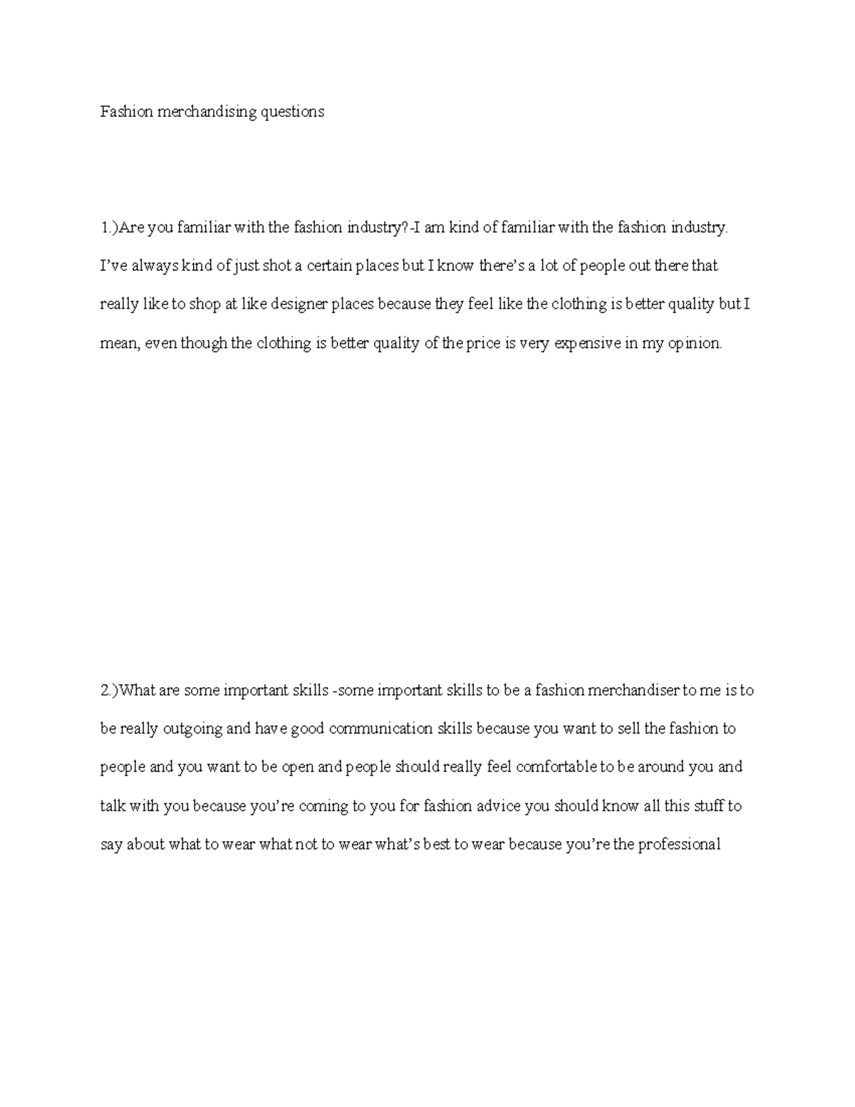 Trknho worksheet Fashion merchandising questions 1.)Are you