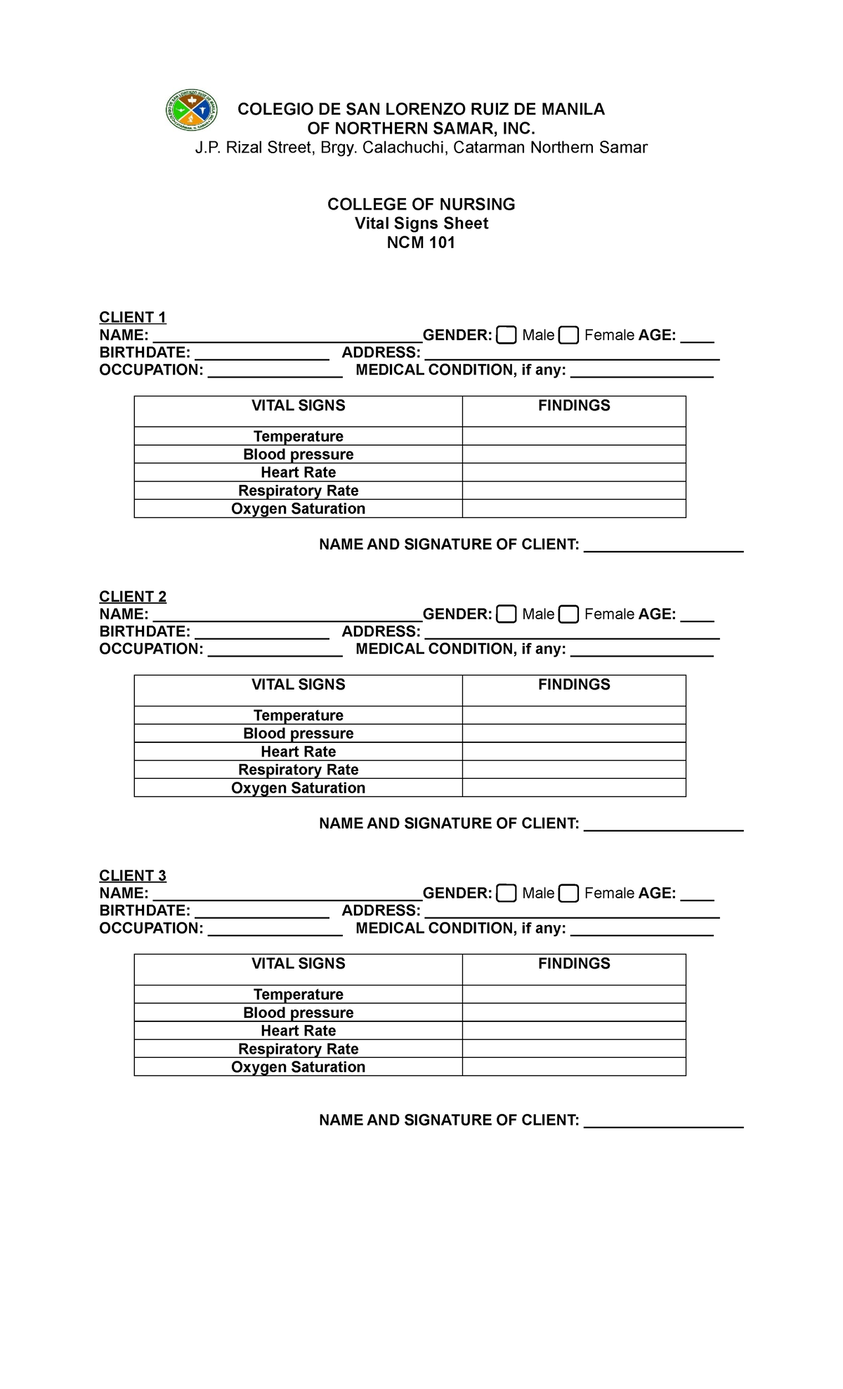 NCM 101 Vital Signs Sheet Activity - COLEGIO DE SAN LORENZO RUIZ DE ...
