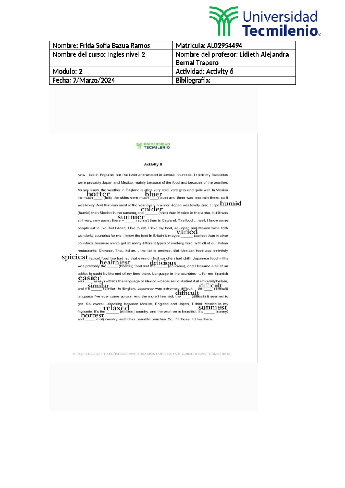 Activity 6 Ingles Nivel 2 - Nombre: Frida Sofia Bazua Ramos Matricula ...