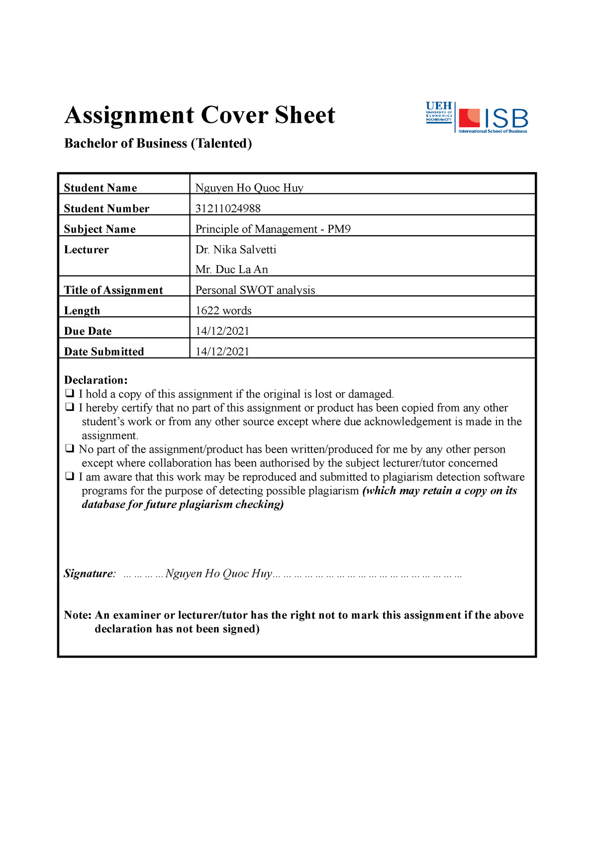 Personal SWOT Analysis - Assignment Cover Sheet Bachelor of Business ...