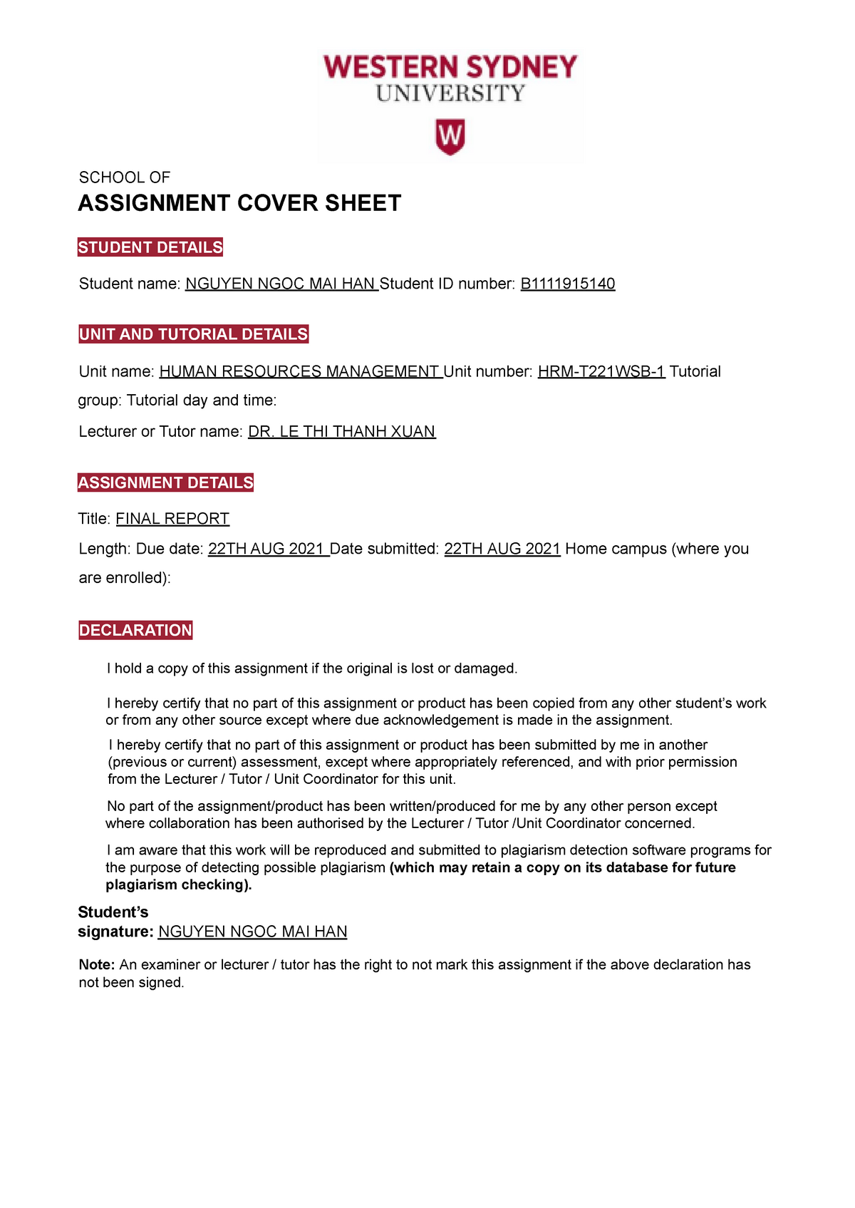 acted x assignment cover sheets