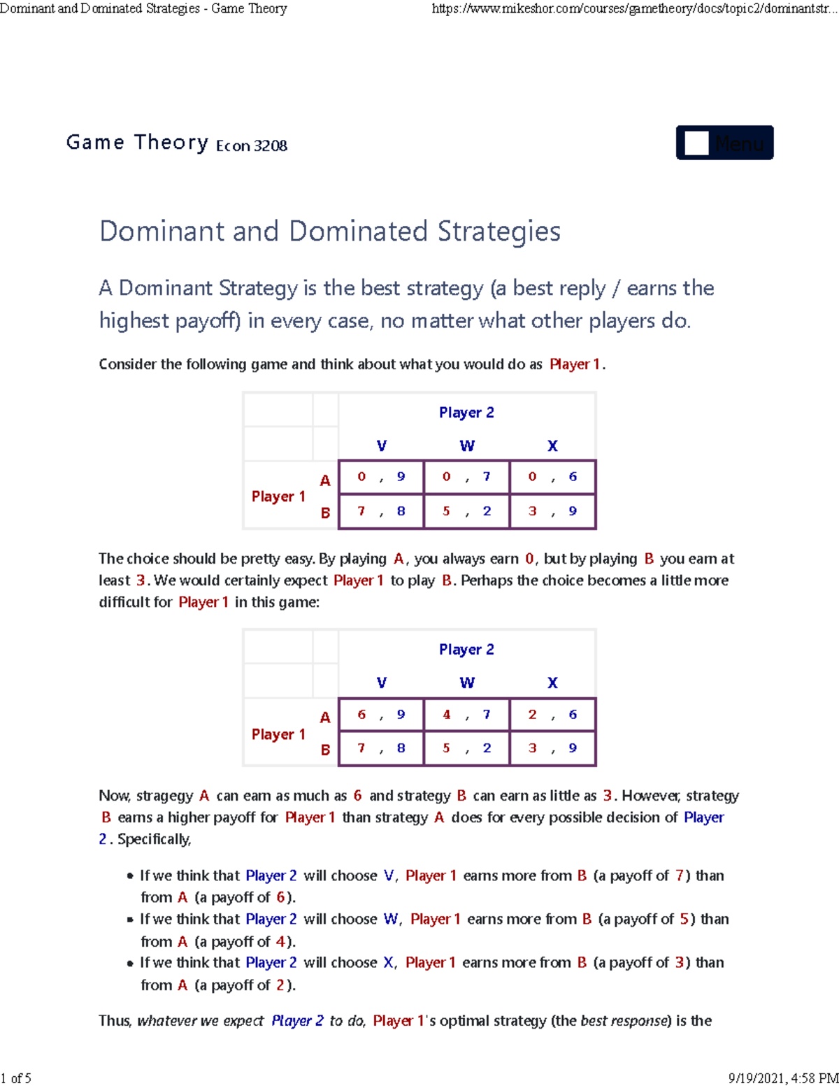 Dorminant strategy game theory - Game Theory Econ 3208 Menu Dominant