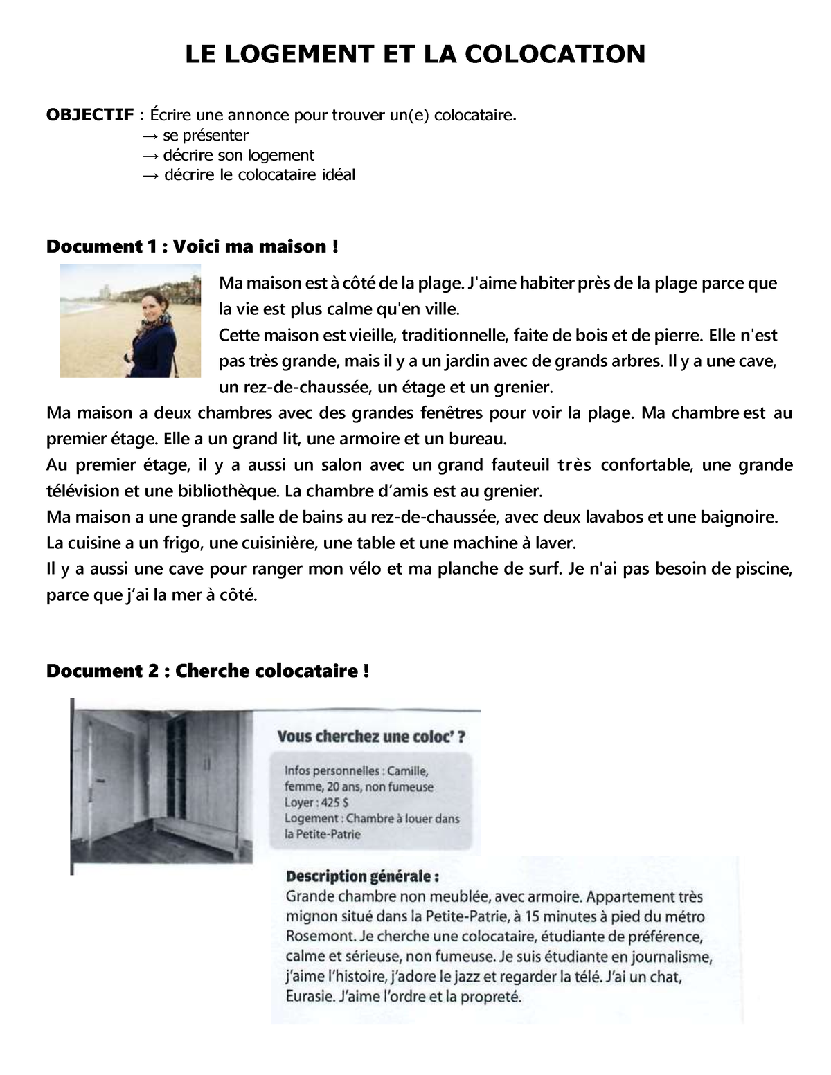 LE Logement ET LA Colocation - LE LOGEMENT ET LA COLOCATION OBJECTIF : ..  une annonce pour trouver - Studocu