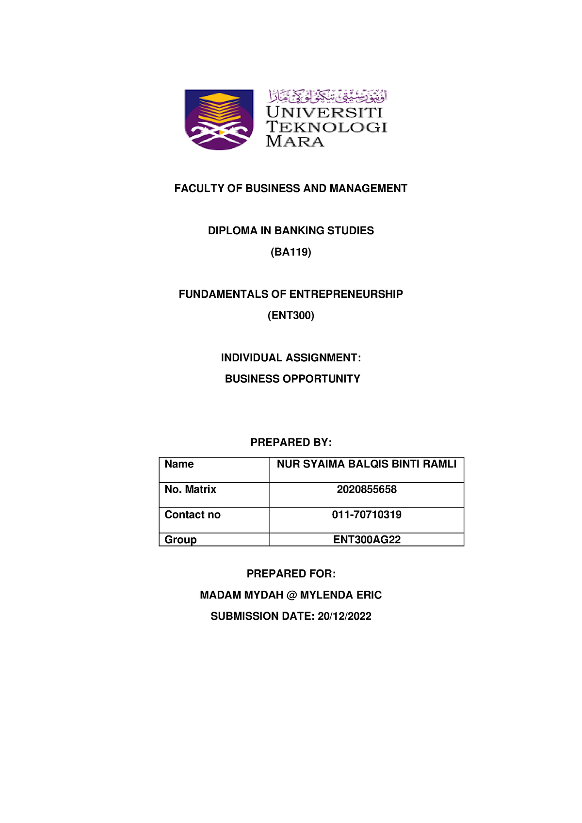 ent300 individual assignment bmc