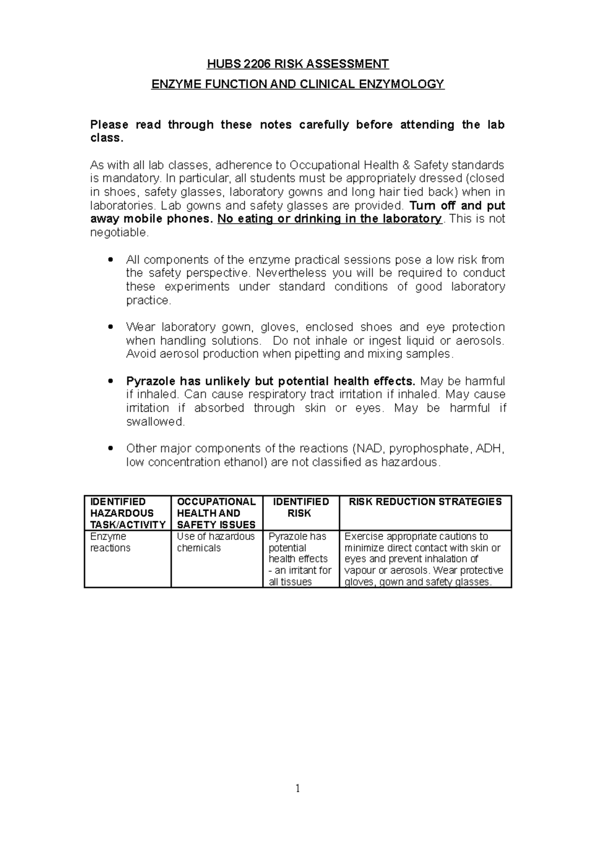 HUBS2206 2021 Week8Lab Enzyme Kinetics - HUBS 2206 RISK ASSESSMENT ...