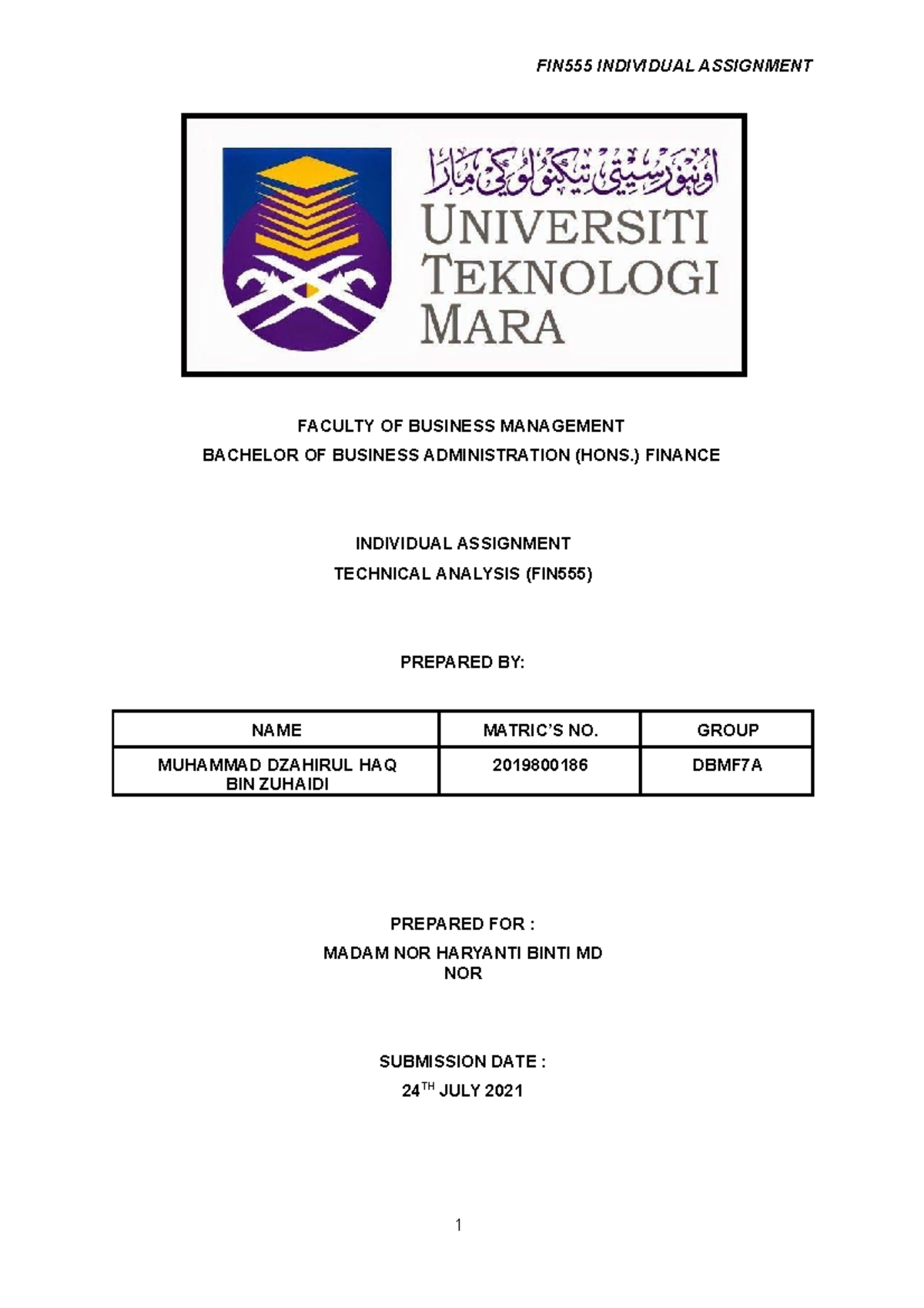 Individual assignment haq - Introduction to technical Analysis - UiTM ...