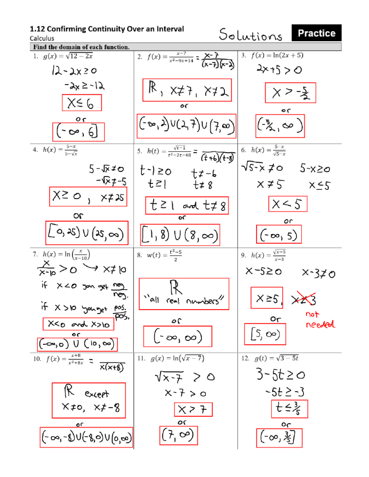 Calc 1.12 solutions confirming continuity at an interval practice ...