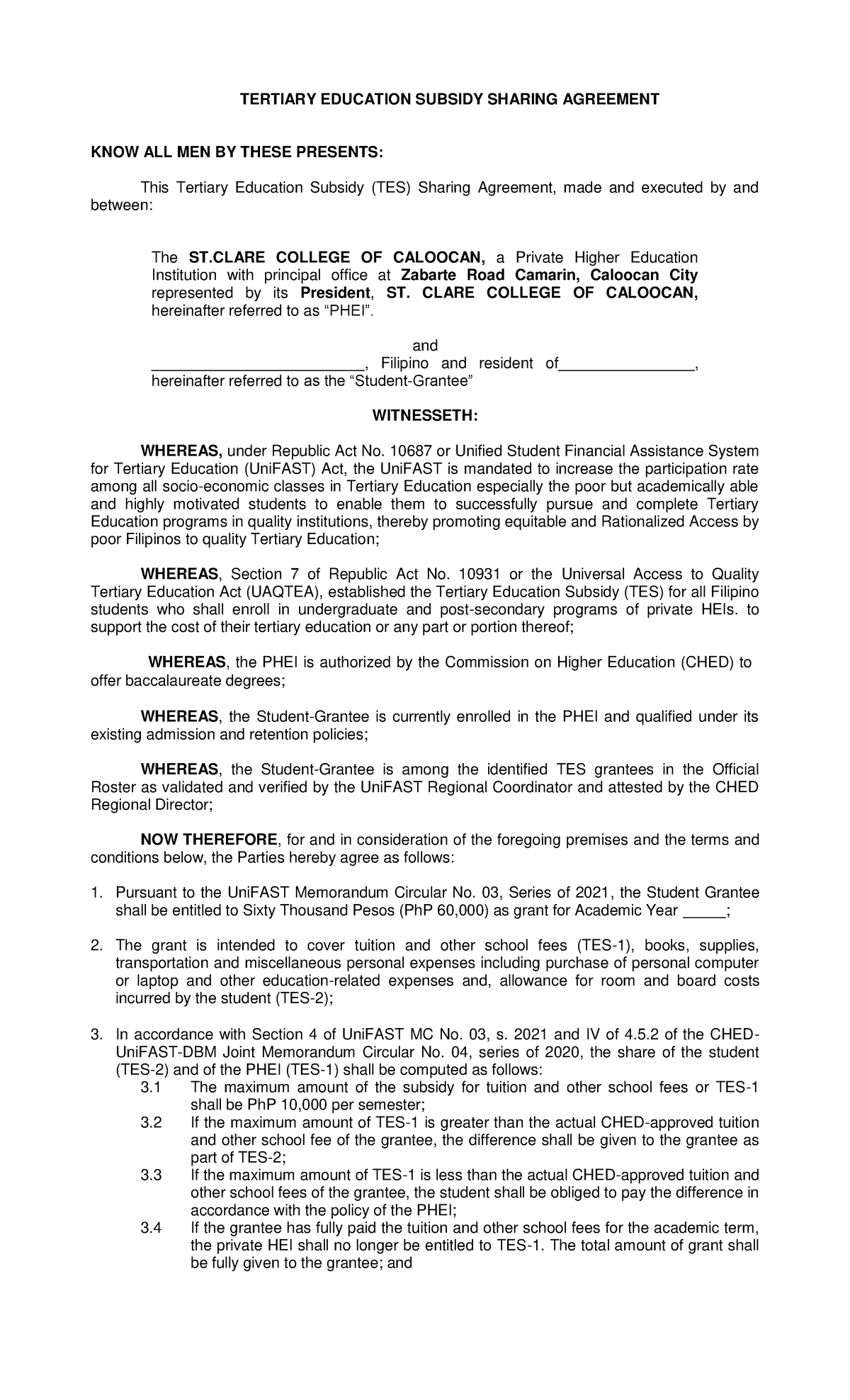 TES Sharing Agreement 2020-2021 onwards - TERTIARY EDUCATION SUBSIDY ...