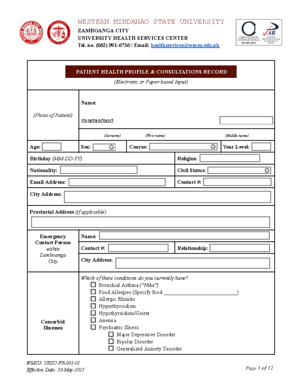 00 Template UHS Patient Record - WESTERN MINDANAO STATE UNIVERSITY ...
