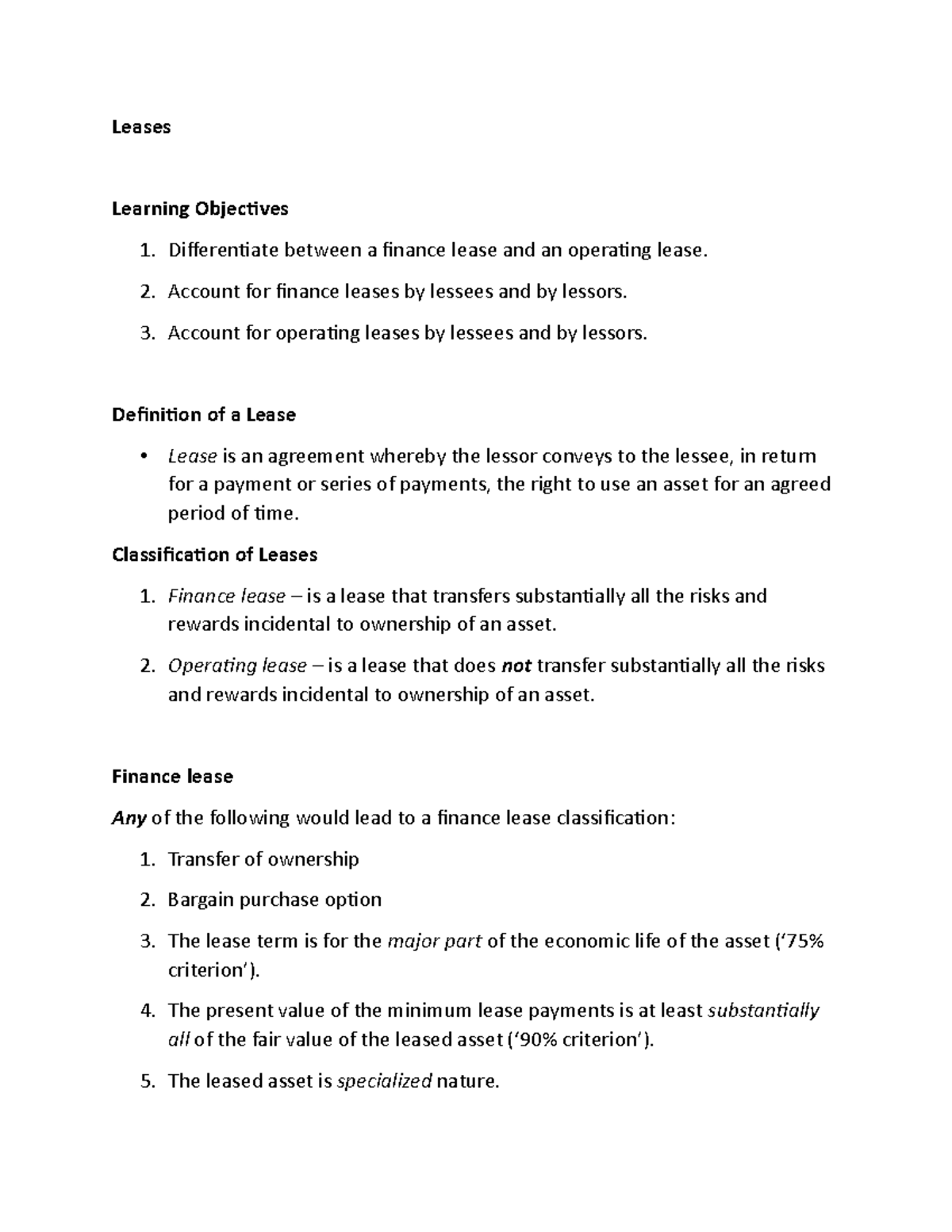 Leases (GACC) - 6 - Leases Learning Objectives Differentiate between a ...
