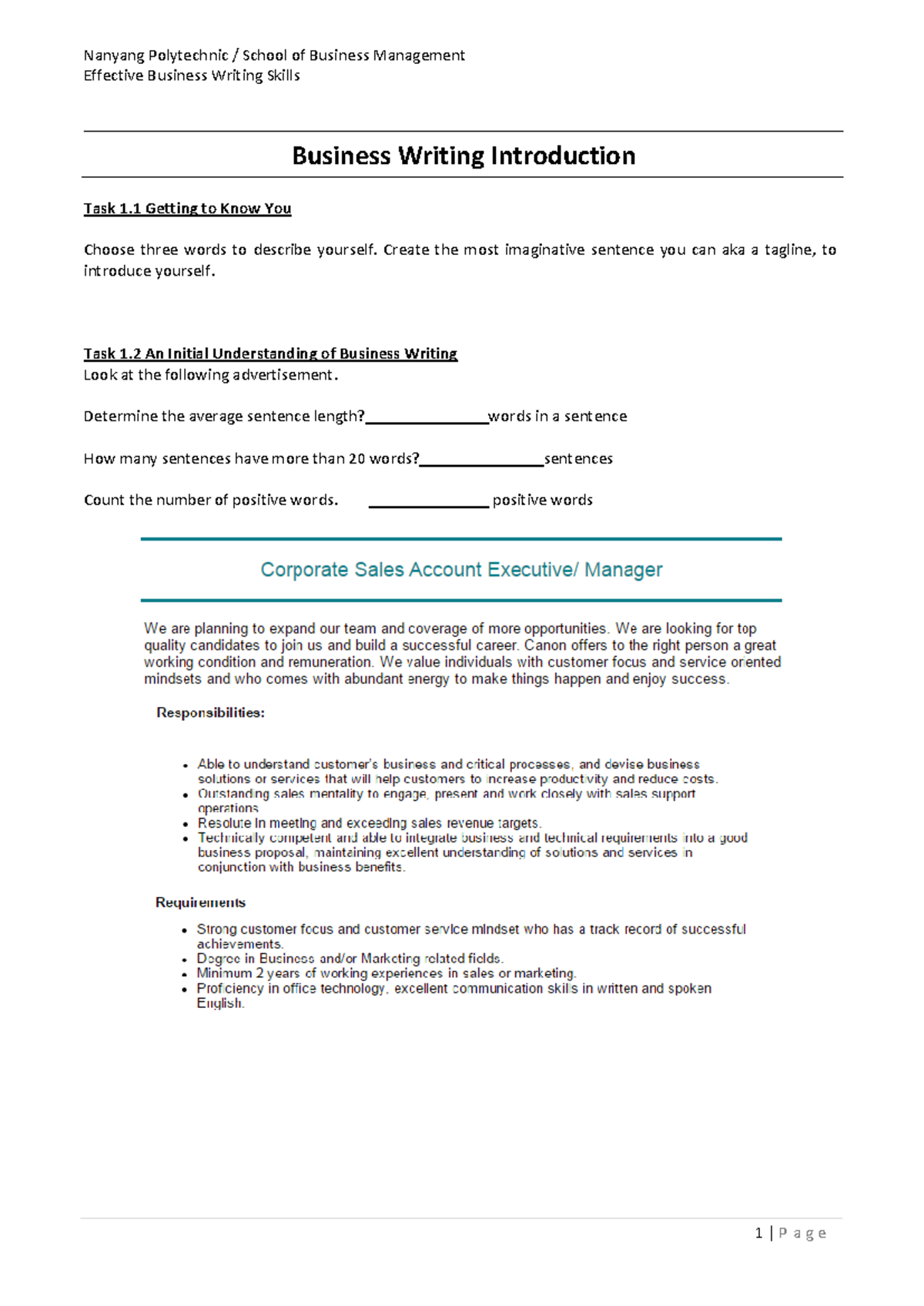 Business Writing Introduction - 1 - Nanyang Polytechnic / School of ...