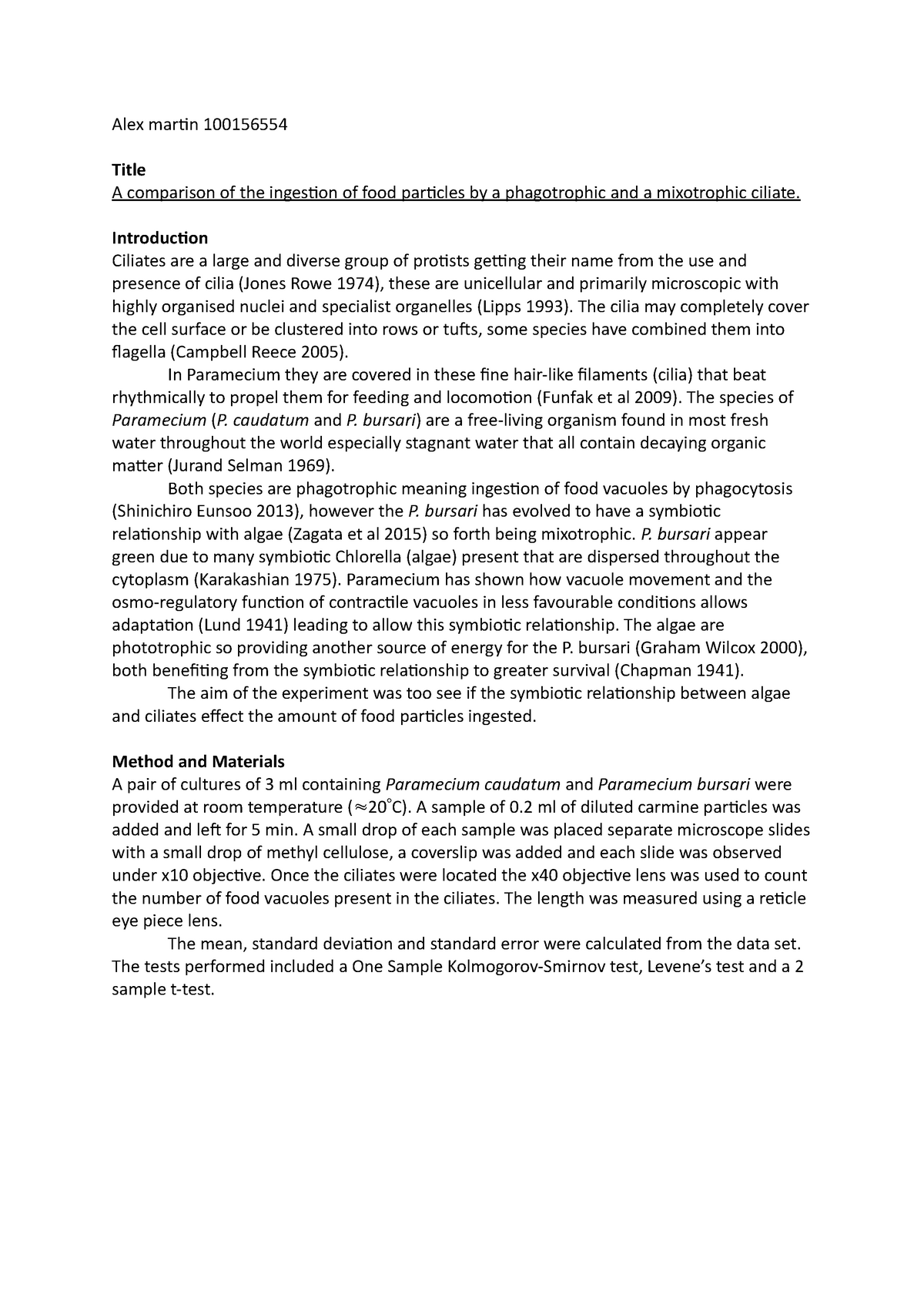 Biodiversity report ciliates algae - Alex martin 100156554 Title A ...