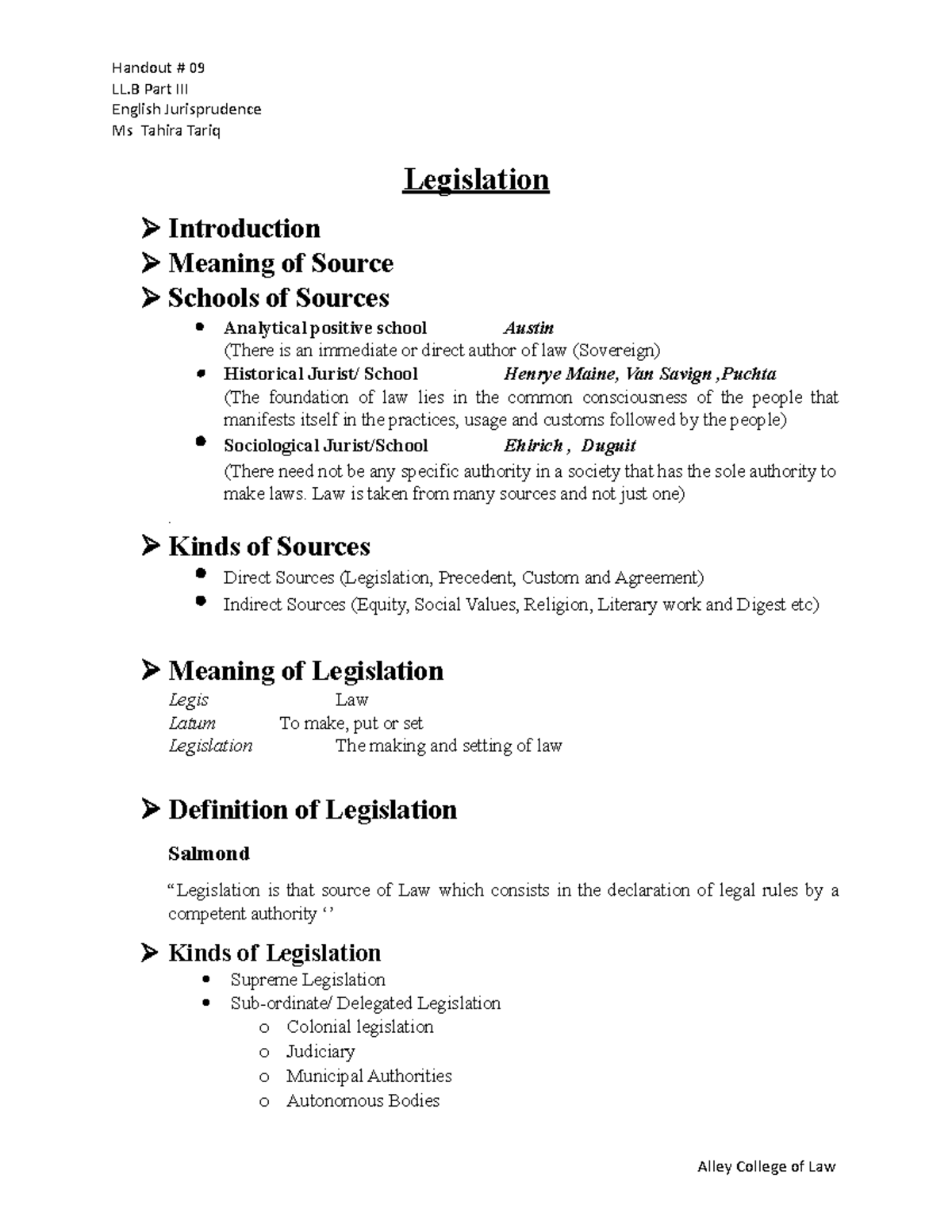 9. Legislation - This data is based on material handouts like outlines ...