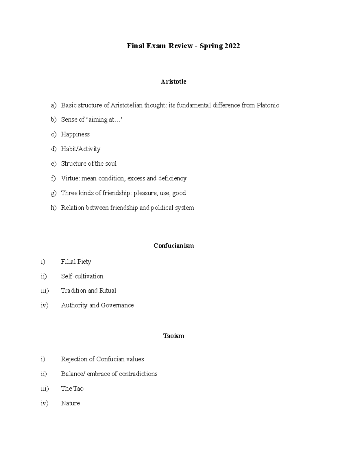 Final Exam Review Sheet - Spring 2022 - Final Exam Review - Spring 2022 ...