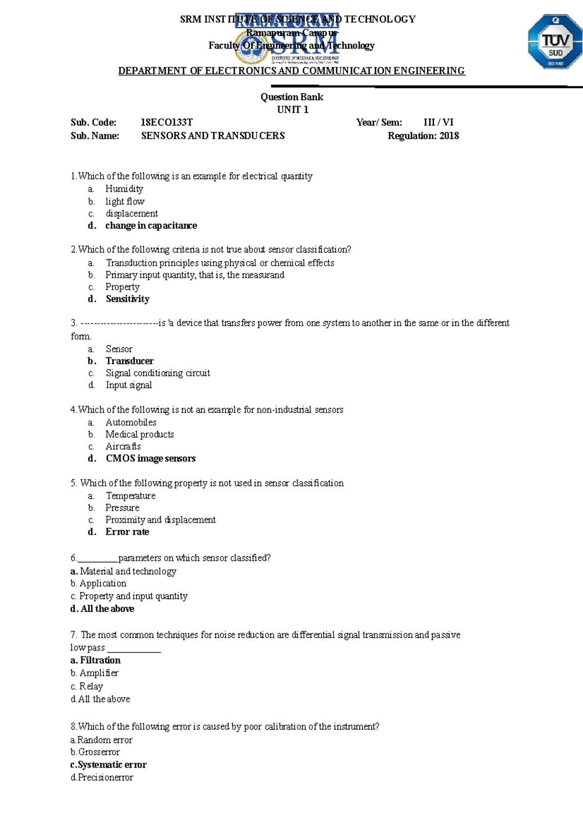 Unit 1 MCQ, PART B,C - Nooo - SRM INSTITUTE OF SCIENCE AND TECHNOLOGY ...