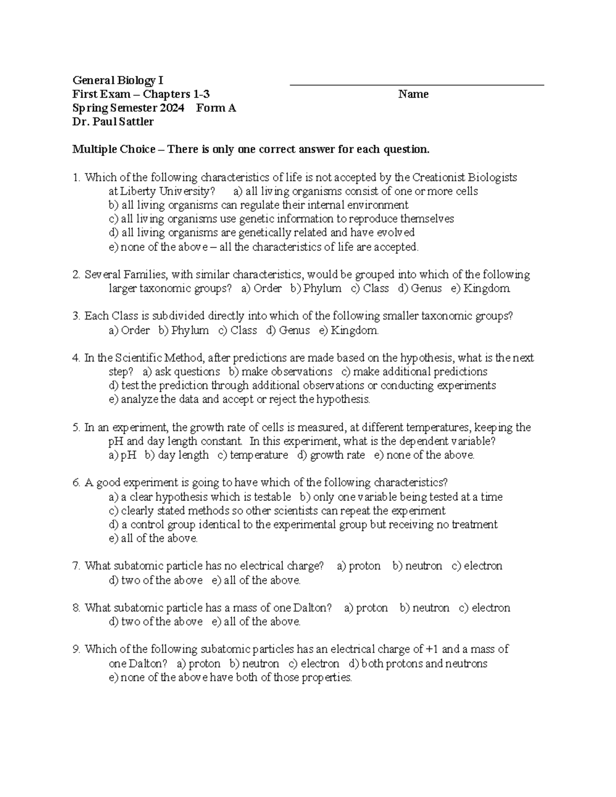 EXAM 1 Practice ffff General Biology I First Exam Chapters 13