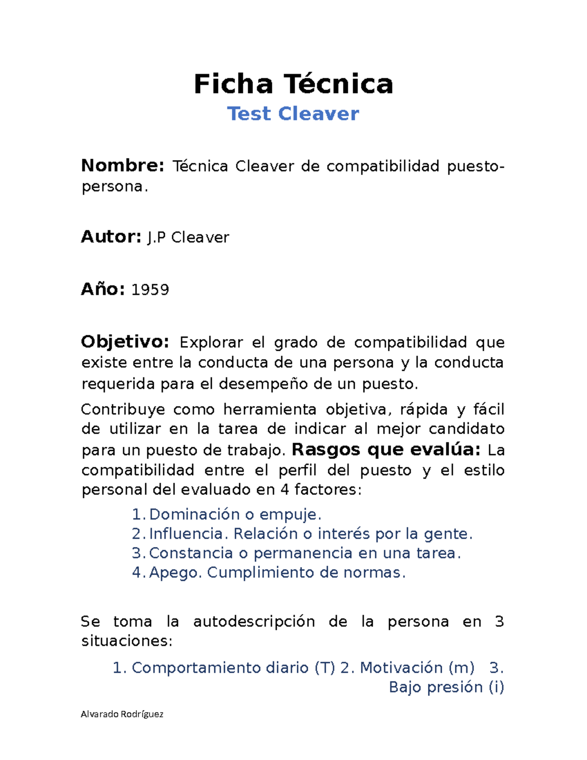 Ficha Técnica Cleaver - Ficha Técnica Test Cleaver Nombre: Técnica ...
