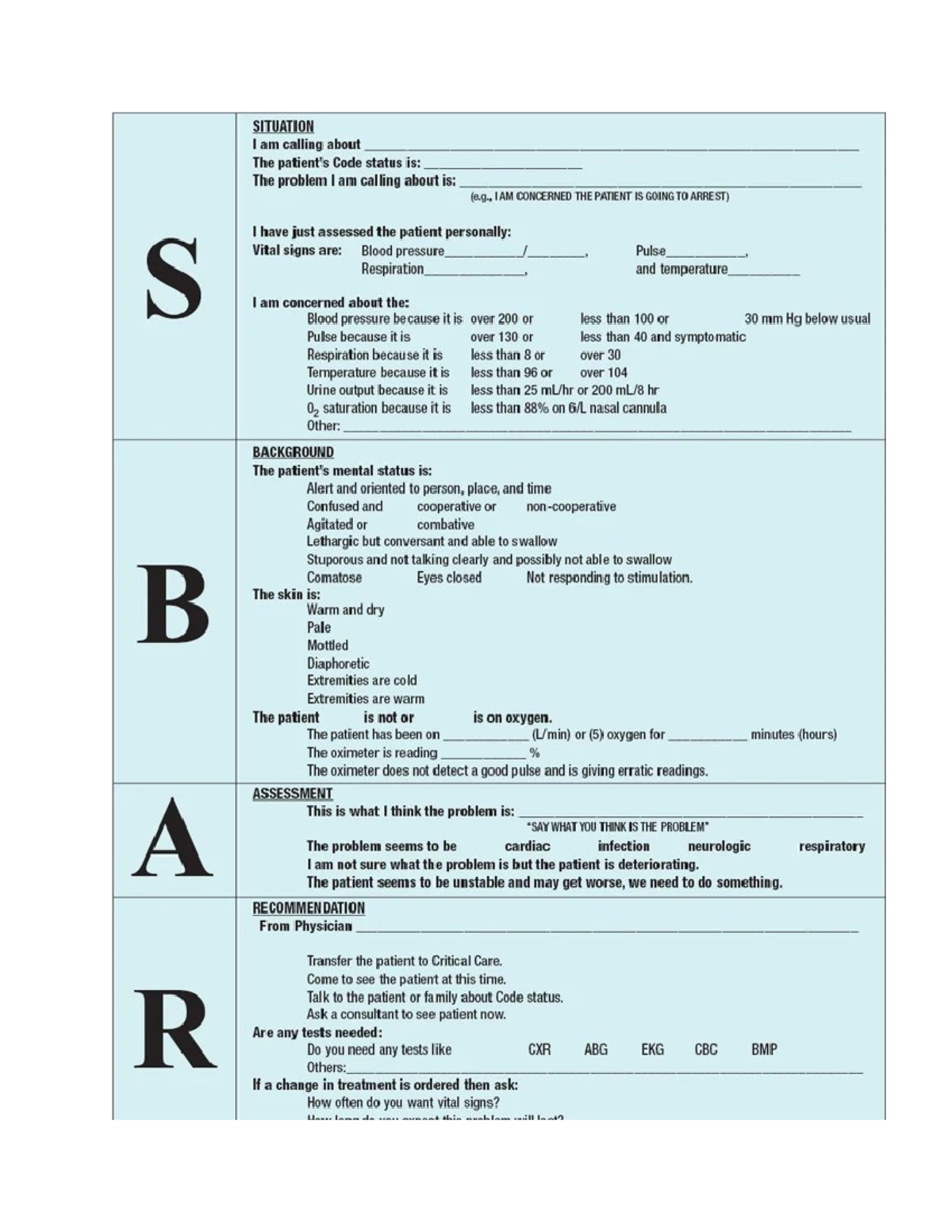 SBAR Communication Tool - NURA 1500 - Studocu
