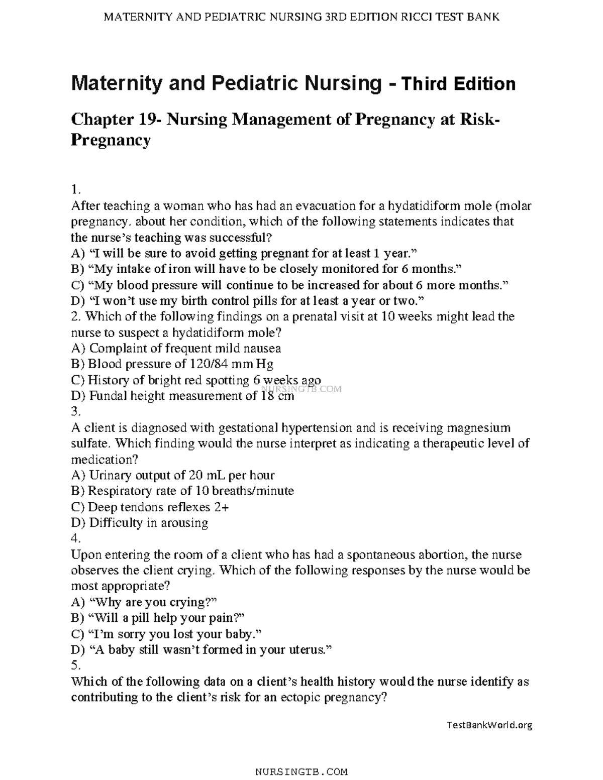 Ricci Chapter 19 important test questions NURSINGTB TestBankWorld