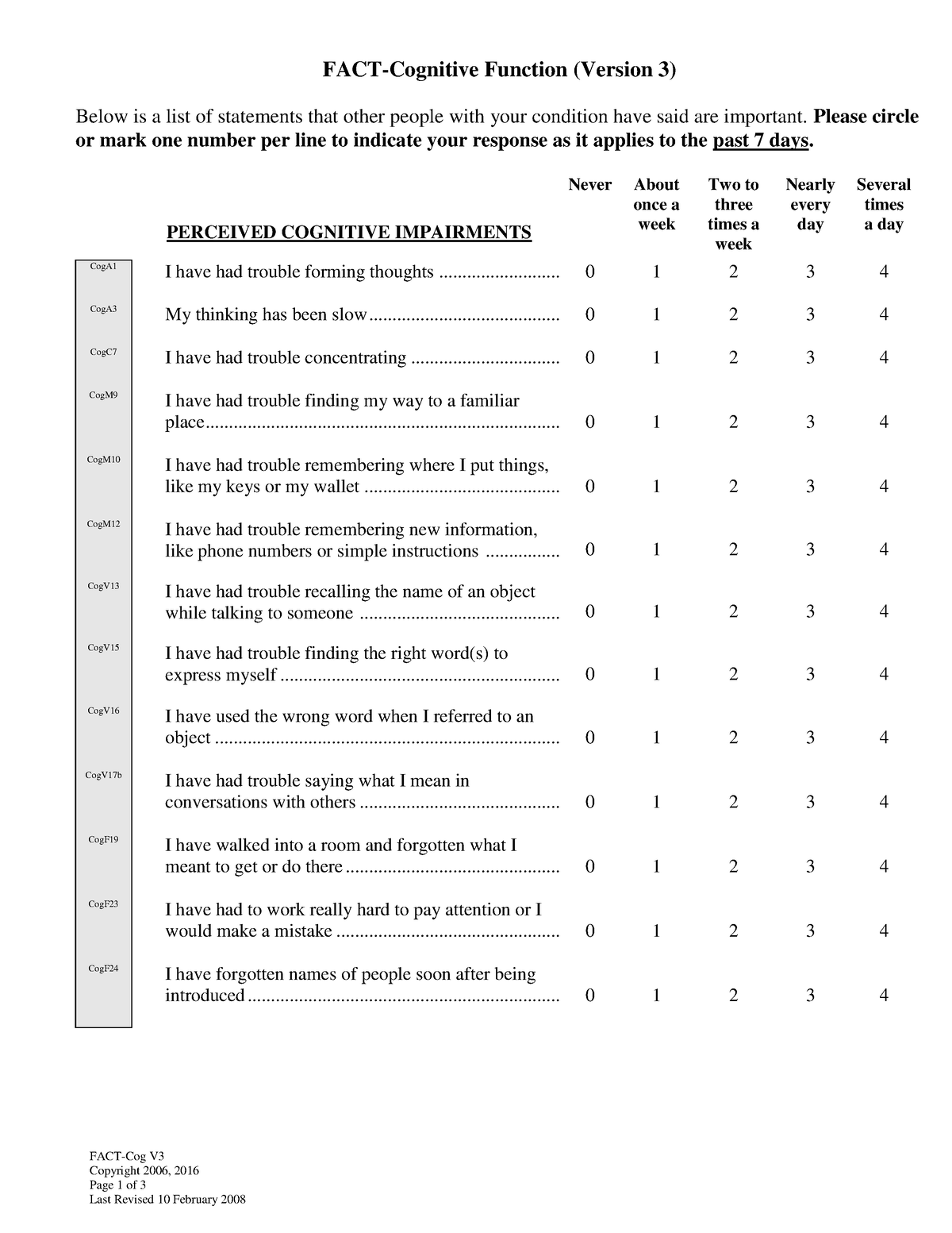 FACT - FACT - FACT-Cognitive Function (Version 3) FACT-Cog V Copyright ...