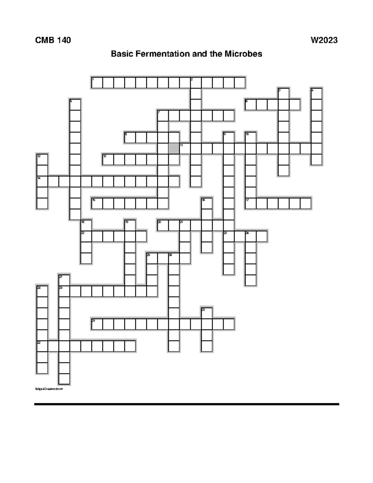 CMB 140 Basic Fermentation Crossword W2023 CMB 140 Basic