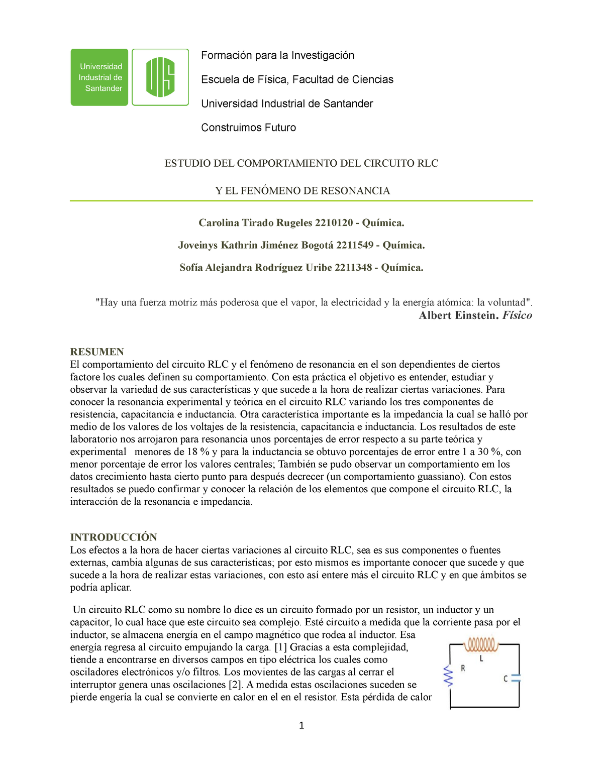 Informe 4. Circuito RLC Y Resonancia - Escuela De Física, Facultad De ...