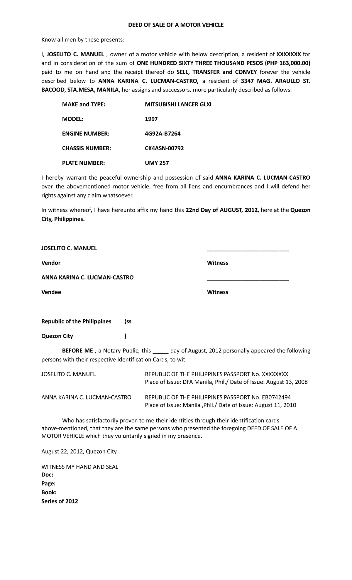 Deed Of Sale Of A Motor Vehicle Yumi - Deed Of Sale Of A Motor Vehicle 