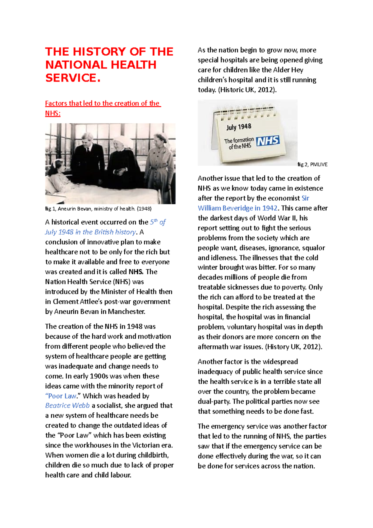 The birth of the NHS Assignment - THE HISTORY OF THE NATIONAL HEALTH ...
