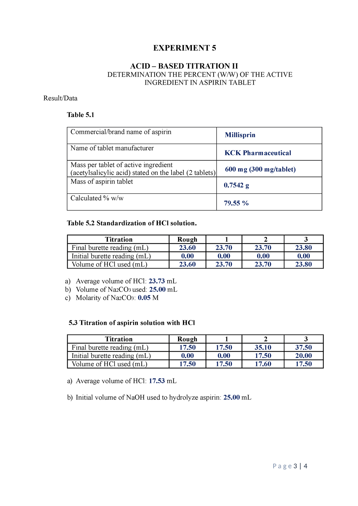 CHM256 DATA EXP. CHM256-Exp. 5 - EXPERIMENT 5 Result/Data Table 5. ACID ...