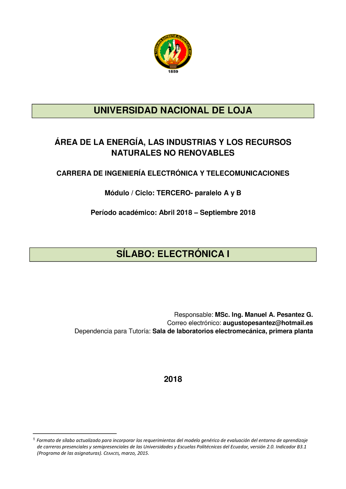 Silabo Electrónica I - UNIVERSIDAD NACIONAL DE LOJA 1 ÁREA DE LA ENERGÍA,  LAS INDUSTRIAS Y LOS - Studocu