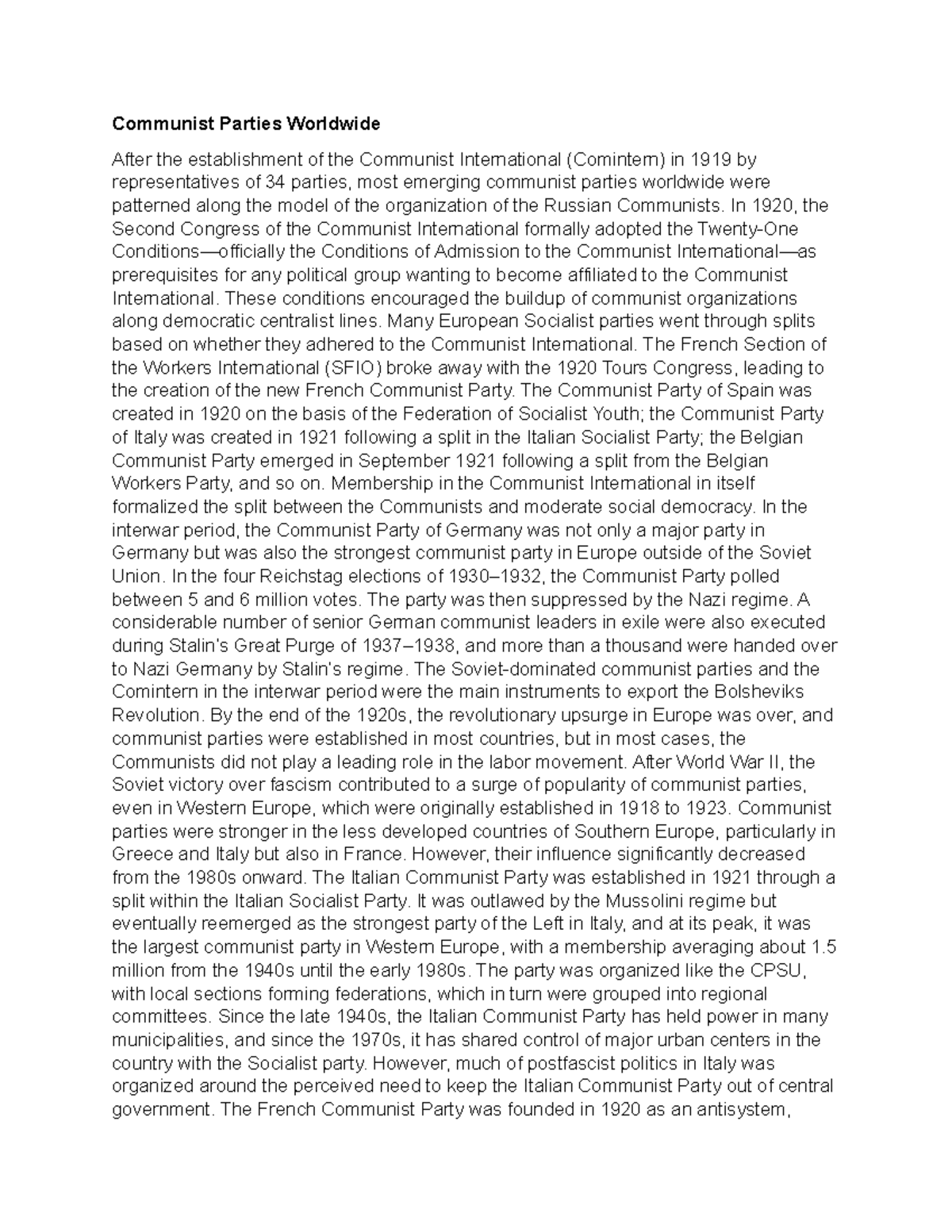 Communist Parties Worldwide Communist Parties Worldwide After the