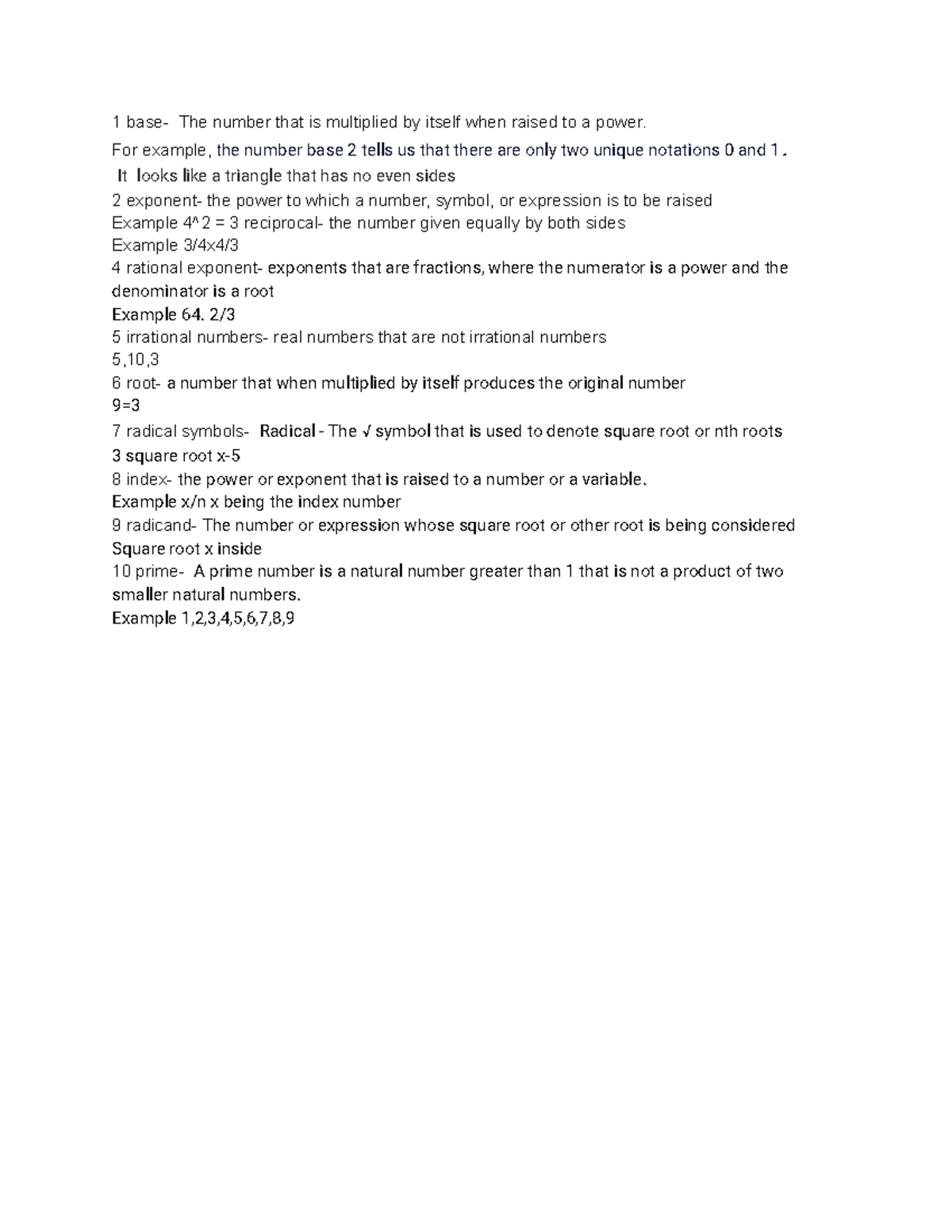 Unit 1 notes upload - 1 base- The number that is multiplied by itself ...
